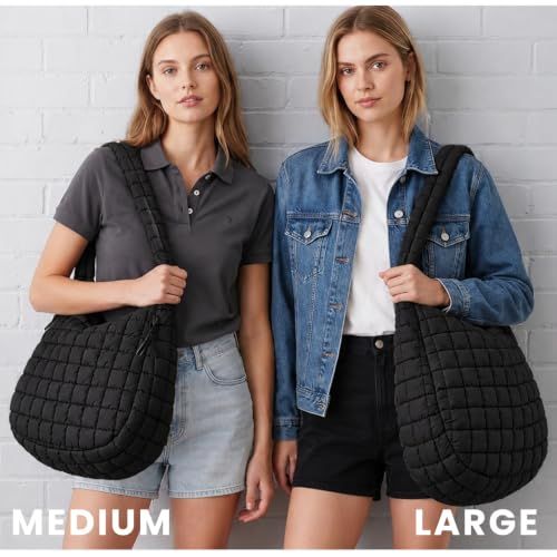 Shows the medium and large bag sizes on models so shoppers can judge the real scale of each option. Presents the available size options from the same product line side by side.