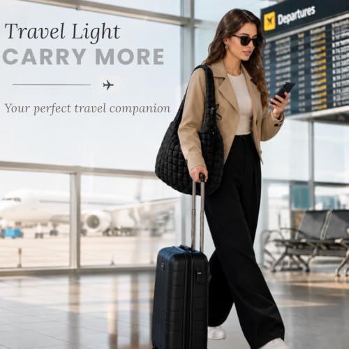 Shows the bag in use at an airport as a travel companion. Reinforces that the bag lets shoppers travel light while carrying more.