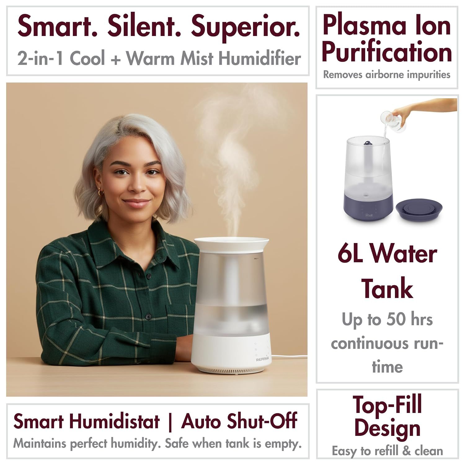 Shows the humidifier with multiple key features in a multi-panel layout, reinforcing smart humidity control and easy refilling. Highlights the large 6L capacity and long runtime so shoppers know it…