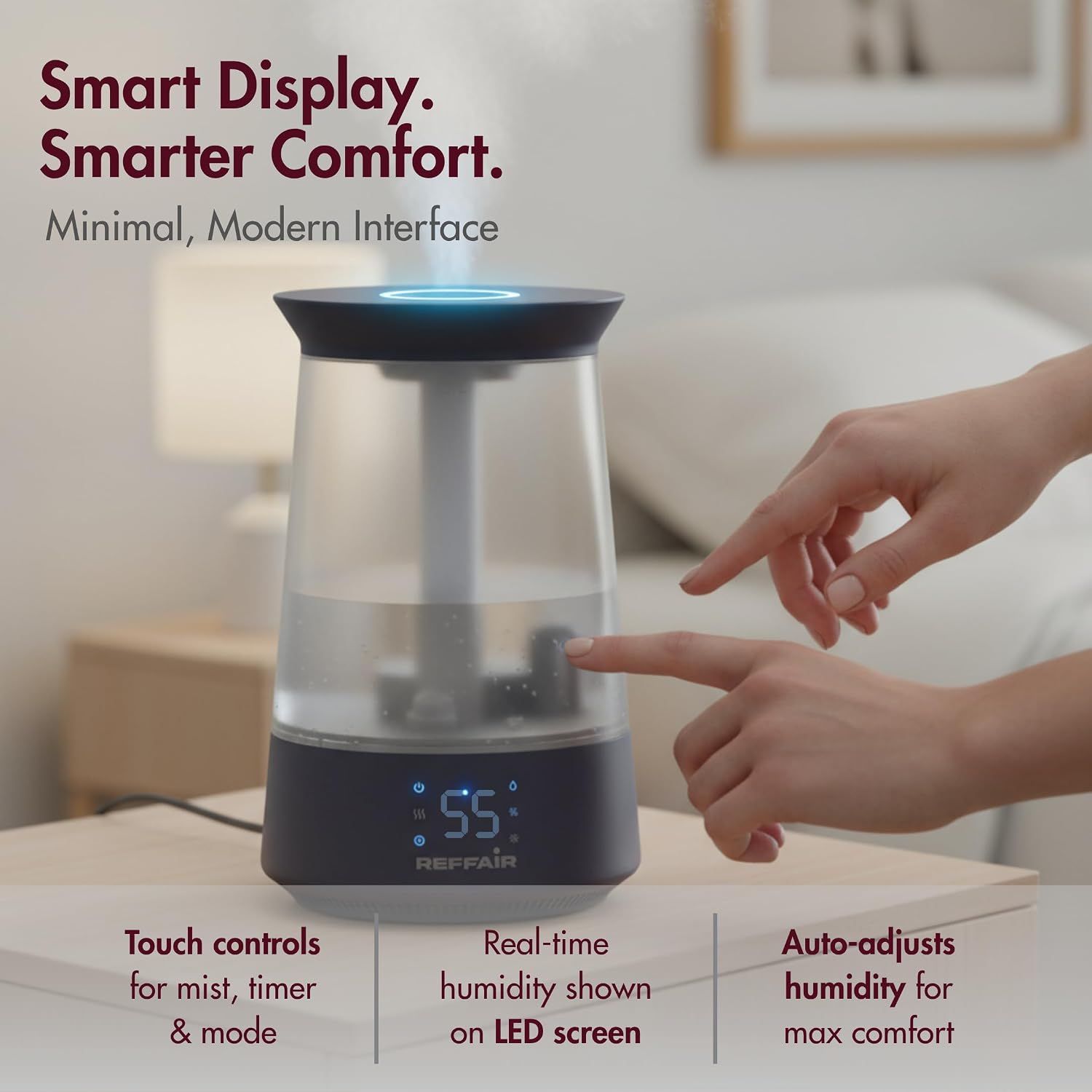 Shows the minimal touch interface and LED display that make the humidifier simple to operate and monitor.