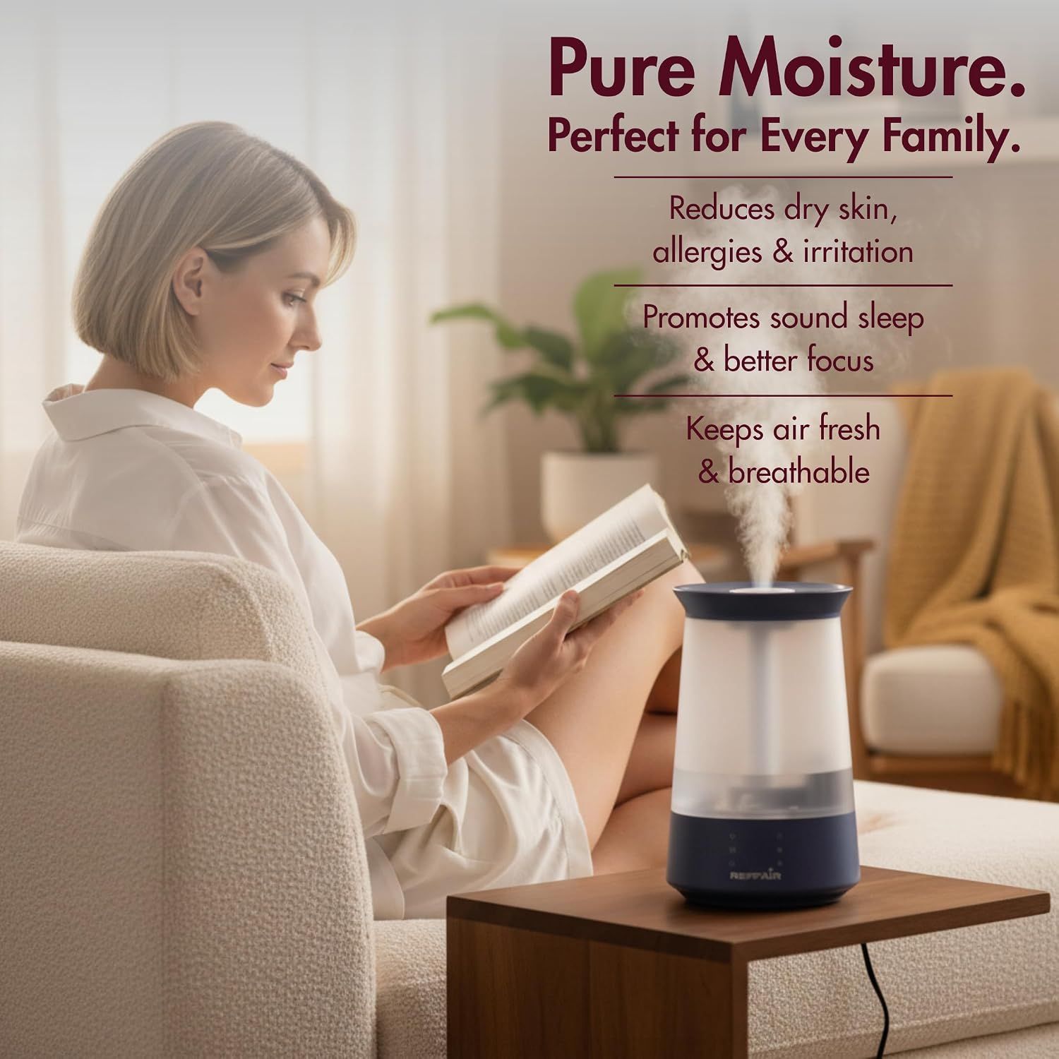 Lists several health and comfort benefits of adding moisture to the home to show the humidifier suits the whole family.