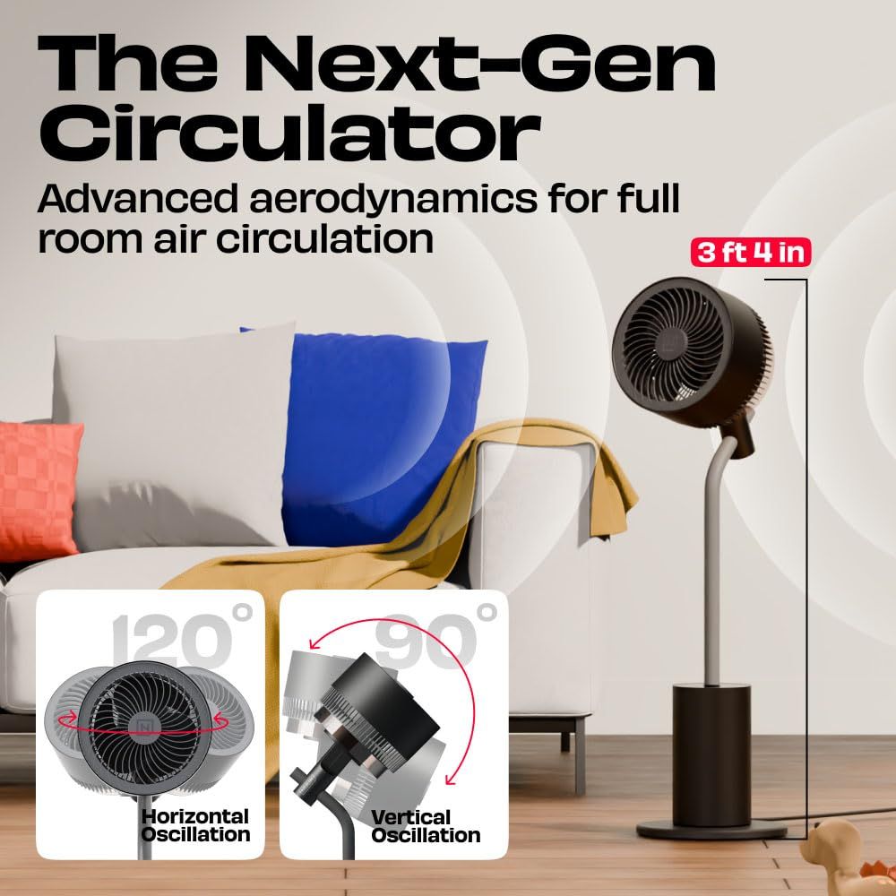 Shows the wide horizontal and vertical oscillation range and the fan height for full room coverage. Shows the product height so shoppers know its physical size.