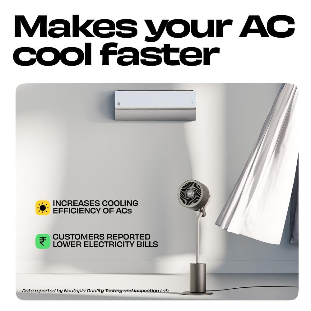 Communicates that the fan helps the AC cool faster and can lower electricity bills. References customer reports of lower electricity bills to build trust in the savings claim.