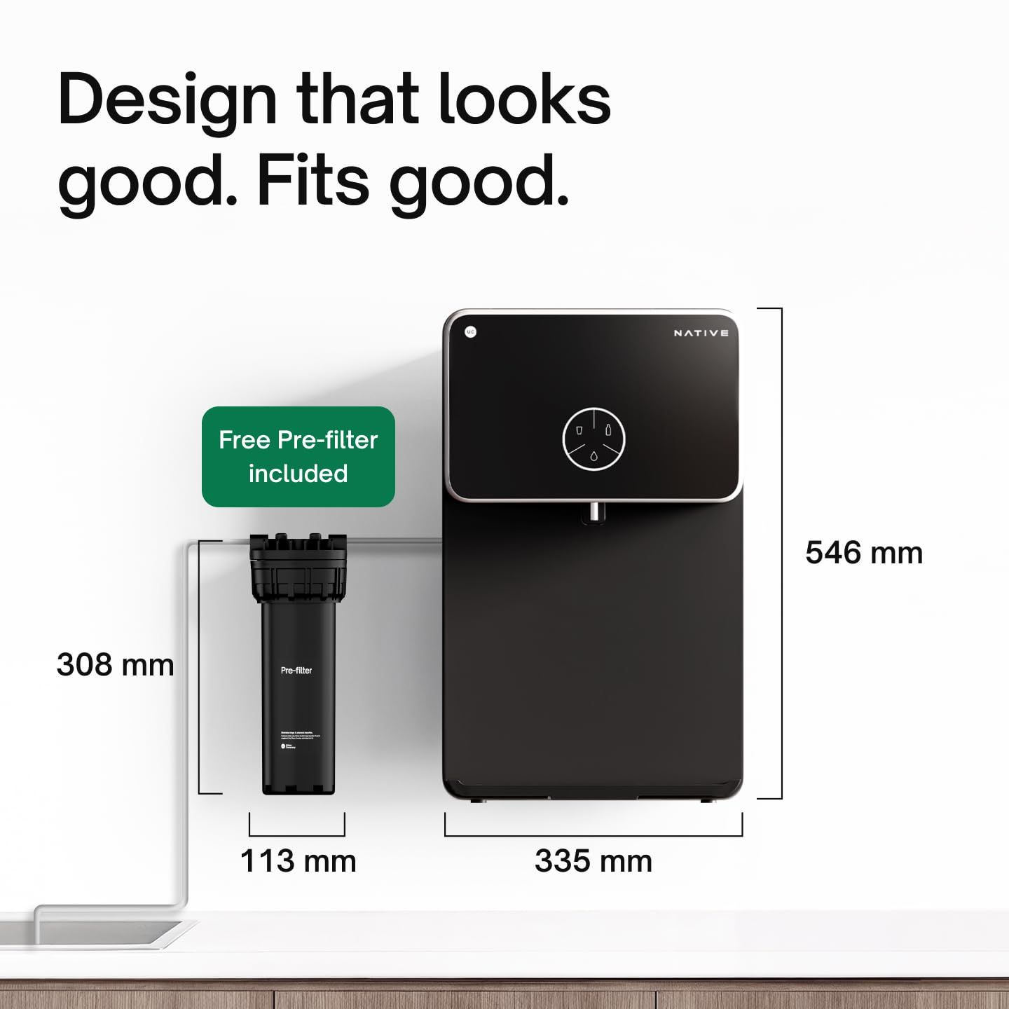 Shows exact dimensions of the unit and included pre-filter so shoppers can confirm it fits under or beside their sink.