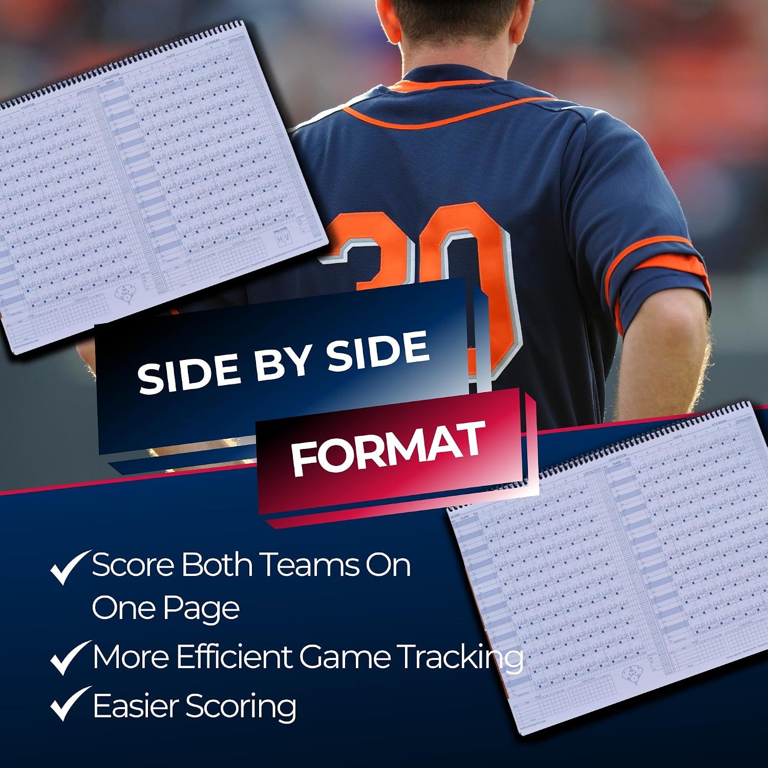 Shows the scorebook layout places both teams on one page for more efficient game tracking and easier scoring.