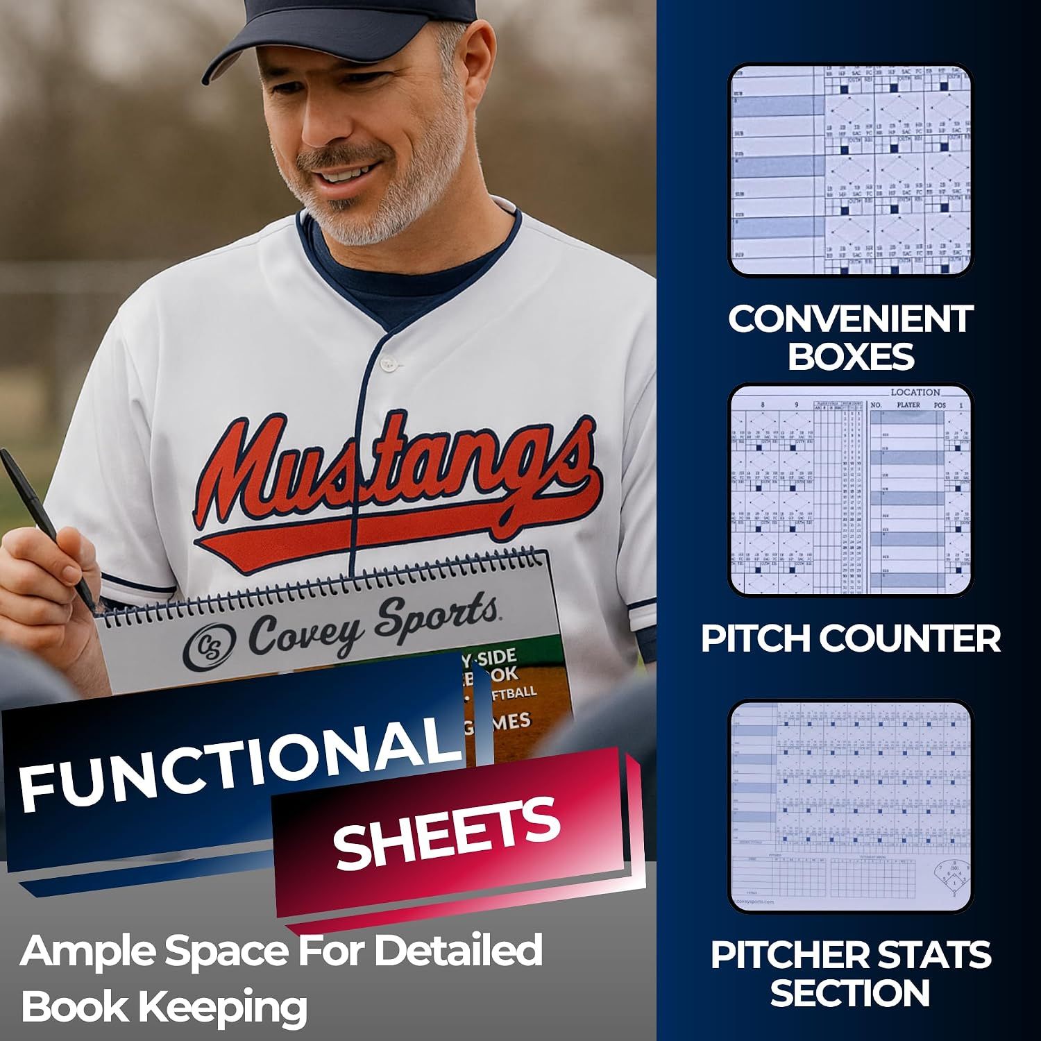 Highlights several sheet features including convenient boxes, pitch counter, and pitcher stats section to show ample space for detailed bookkeeping.