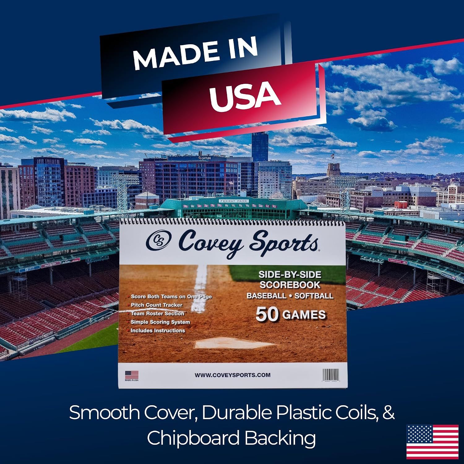 Reinforces the brand's American manufacturing and durable build with smooth cover, plastic coils, and chipboard backing.