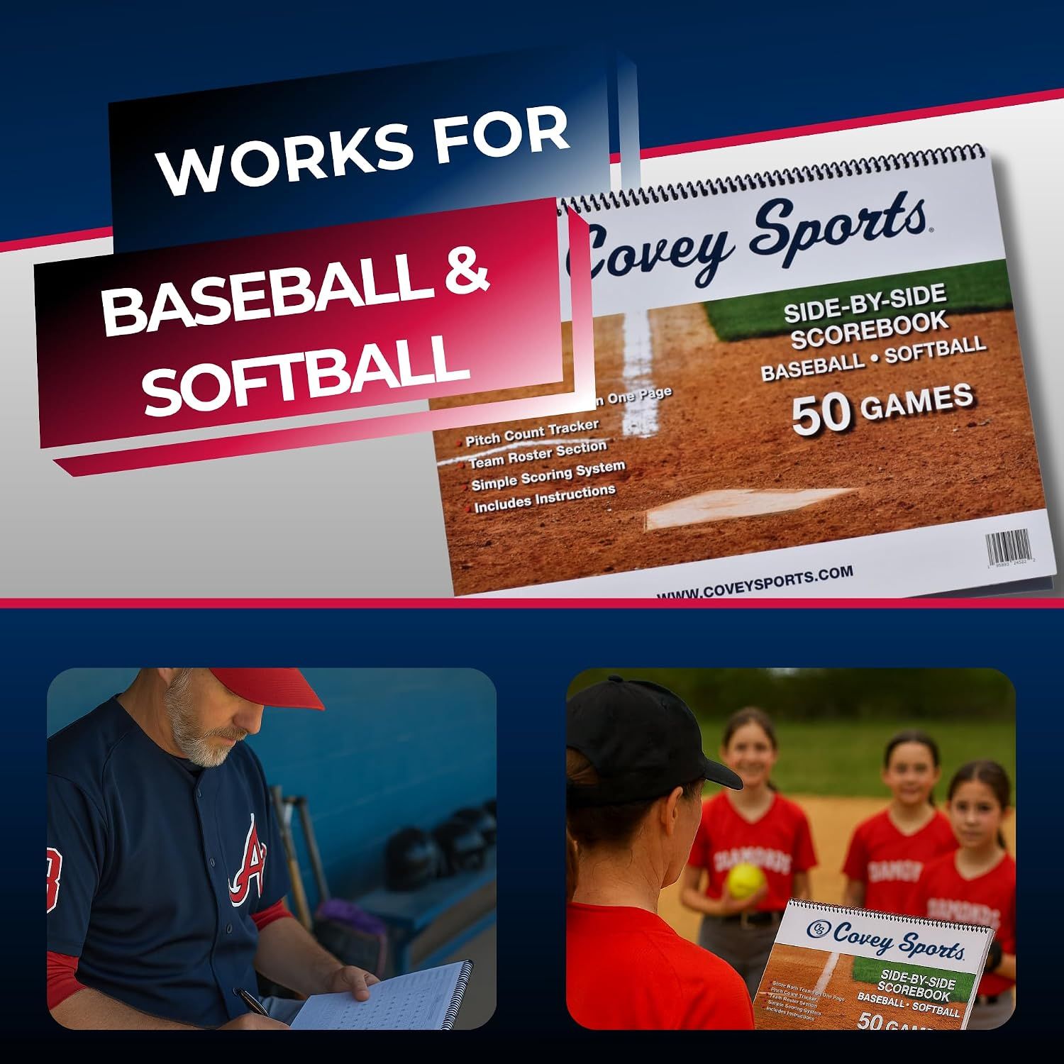 Shows the scorebook is suited for both baseball and softball with real coaches and players in use.