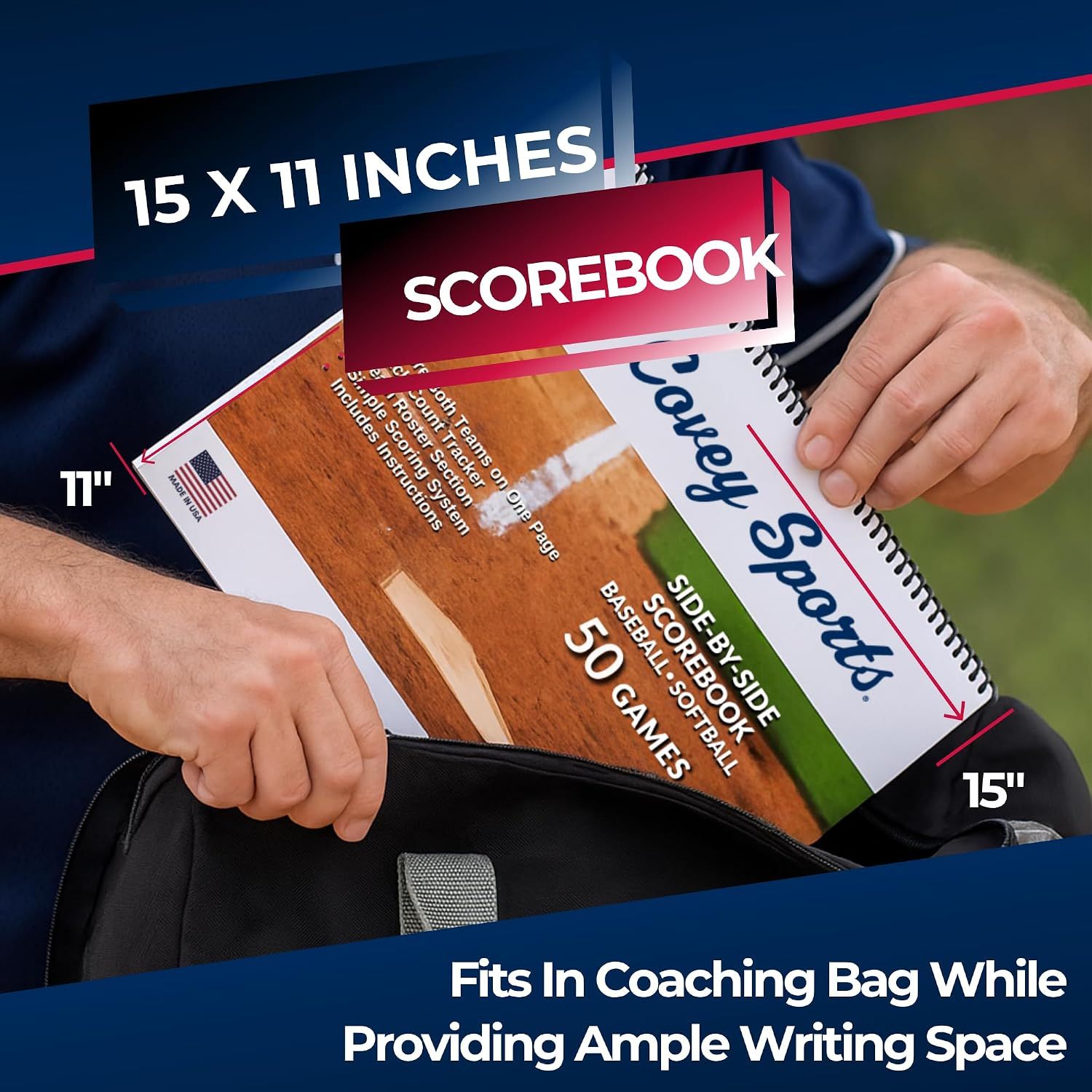 Shows the scorebook dimensions and that it fits in a coaching bag while providing ample writing space.