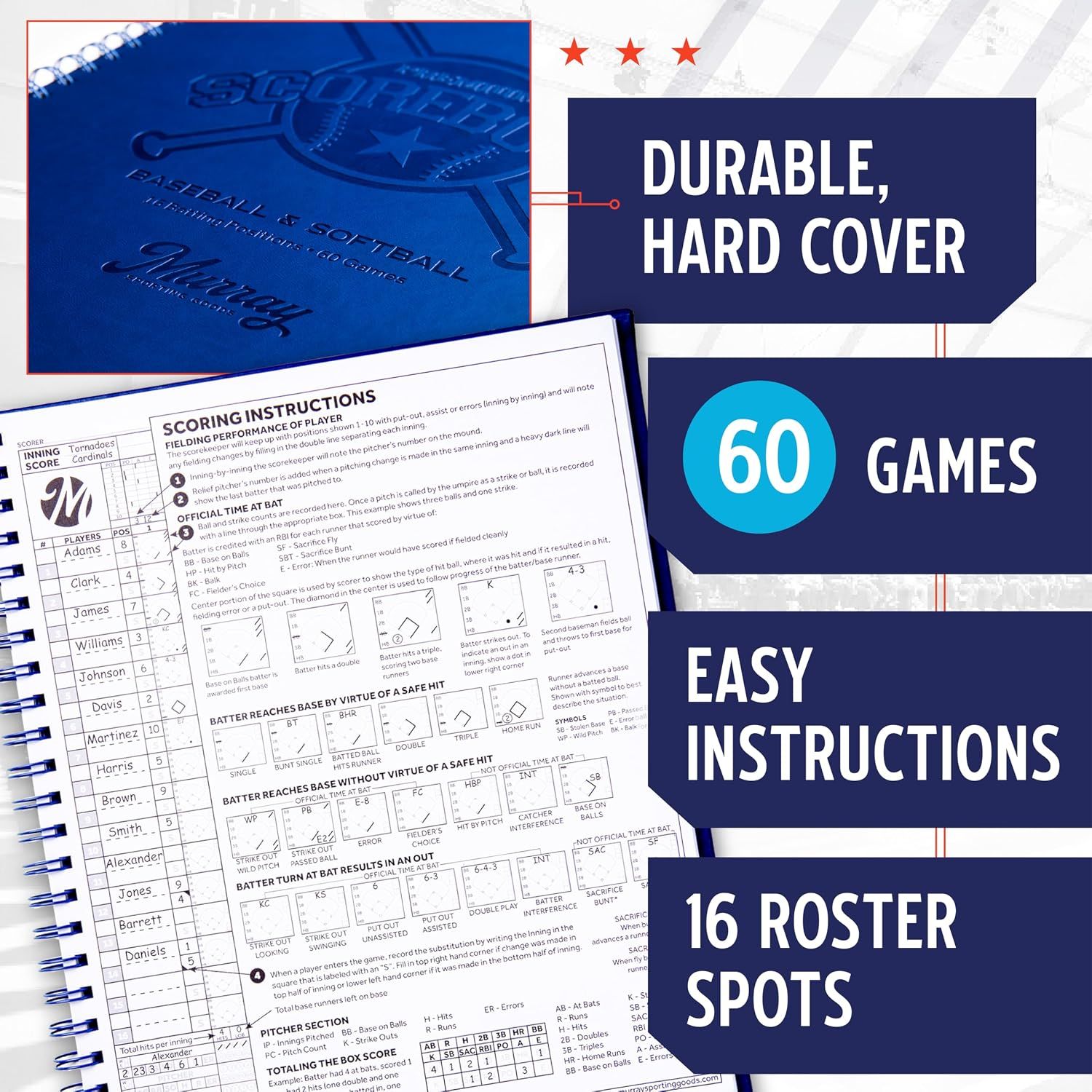 Highlights the durable cover, game capacity, easy instructions, and roster size of the scorebook. Displays the Murray brand name and logo on the premium cover to reinforce brand trust.