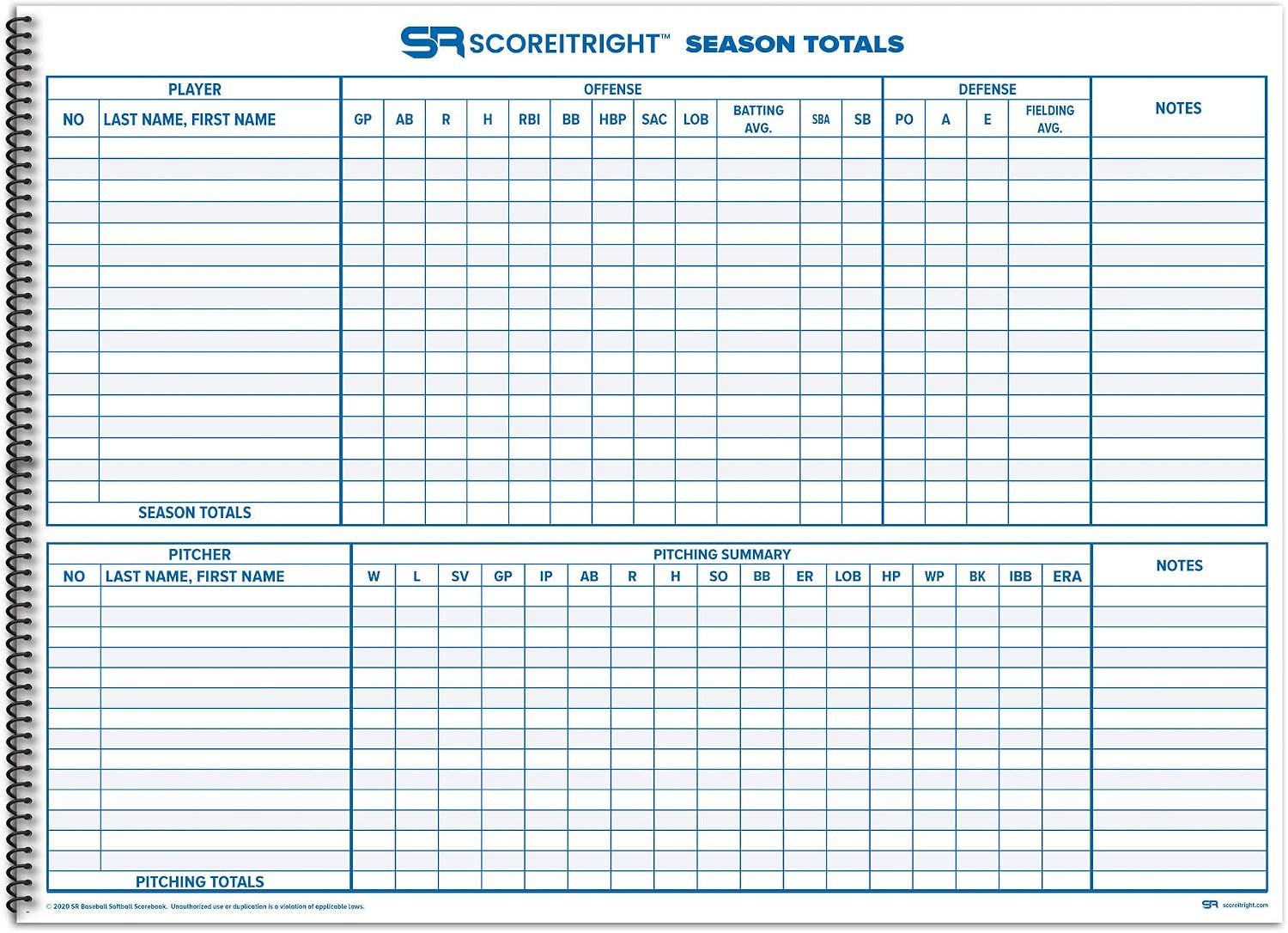 Shows the season summary pages included in the scorebook for tracking full-season statistics.