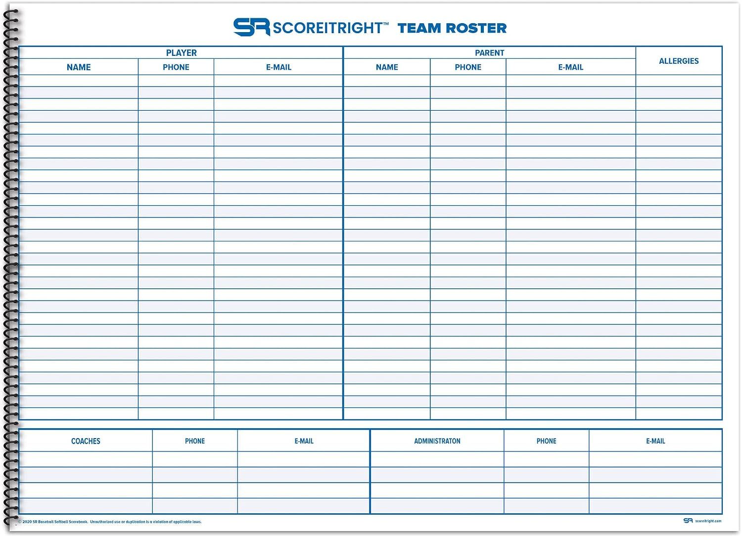 Shows the included roster pages for organizing player, parent, and coach contact details.