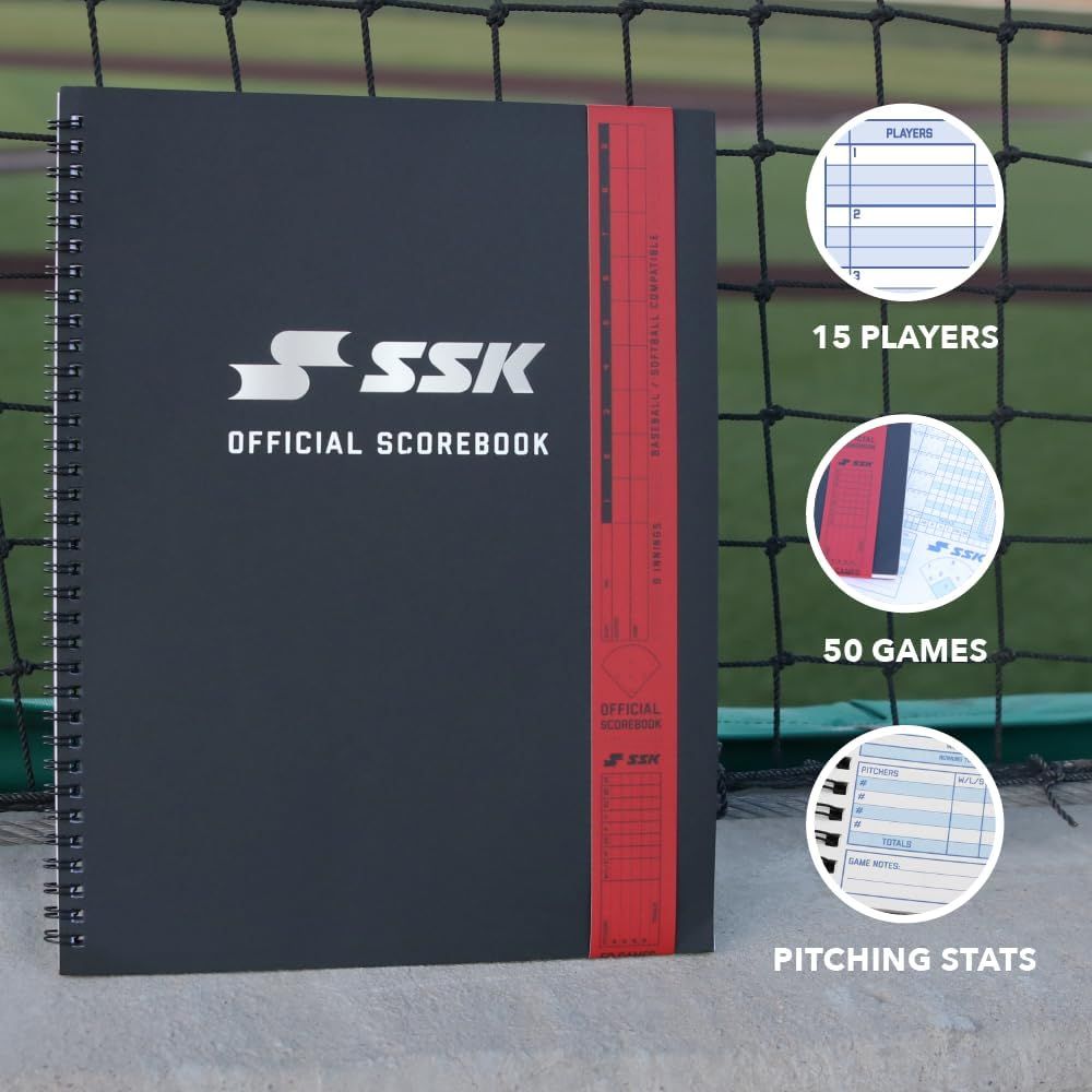 Shows the scorebook product on a field backdrop with callouts for player capacity, game capacity, and pitching stats tracking. Highlights several capacity and tracking benefits through separate…