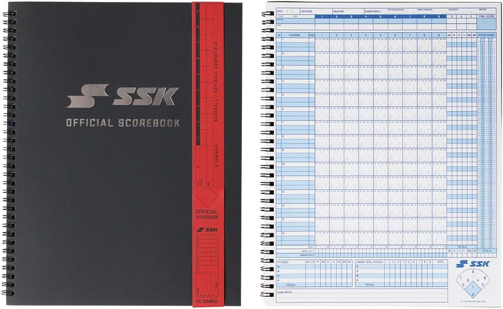 Shows the cover alongside an open scoresheet to show what the scorebook looks like inside.