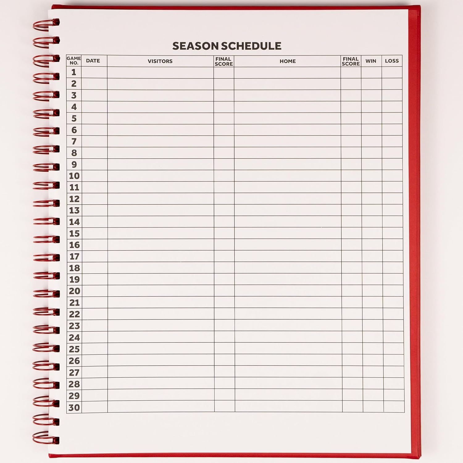 Shows a season schedule page for tracking games, scores, wins, and losses across the season.