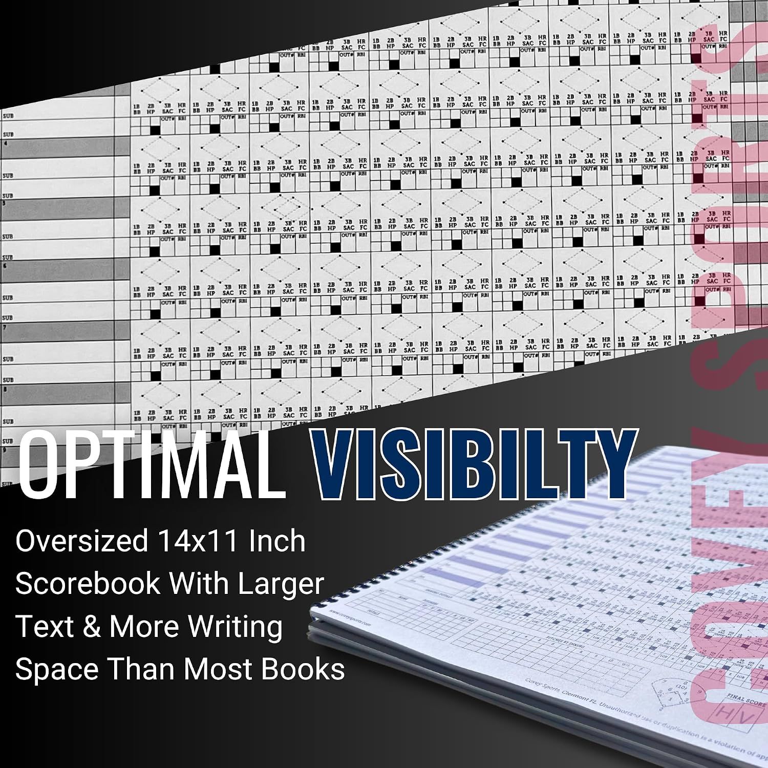 Communicates that the oversized scorebook offers larger text and more writing space for easier scoring. Shows the physical size of the scorebook to reassure shoppers it is larger than typical books.
