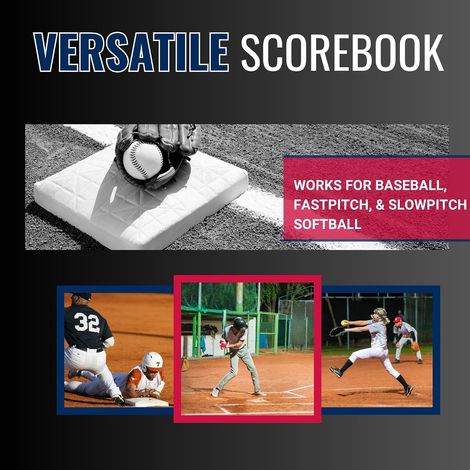 Shows the scorebook works across baseball, fastpitch, and slowpitch softball games.
