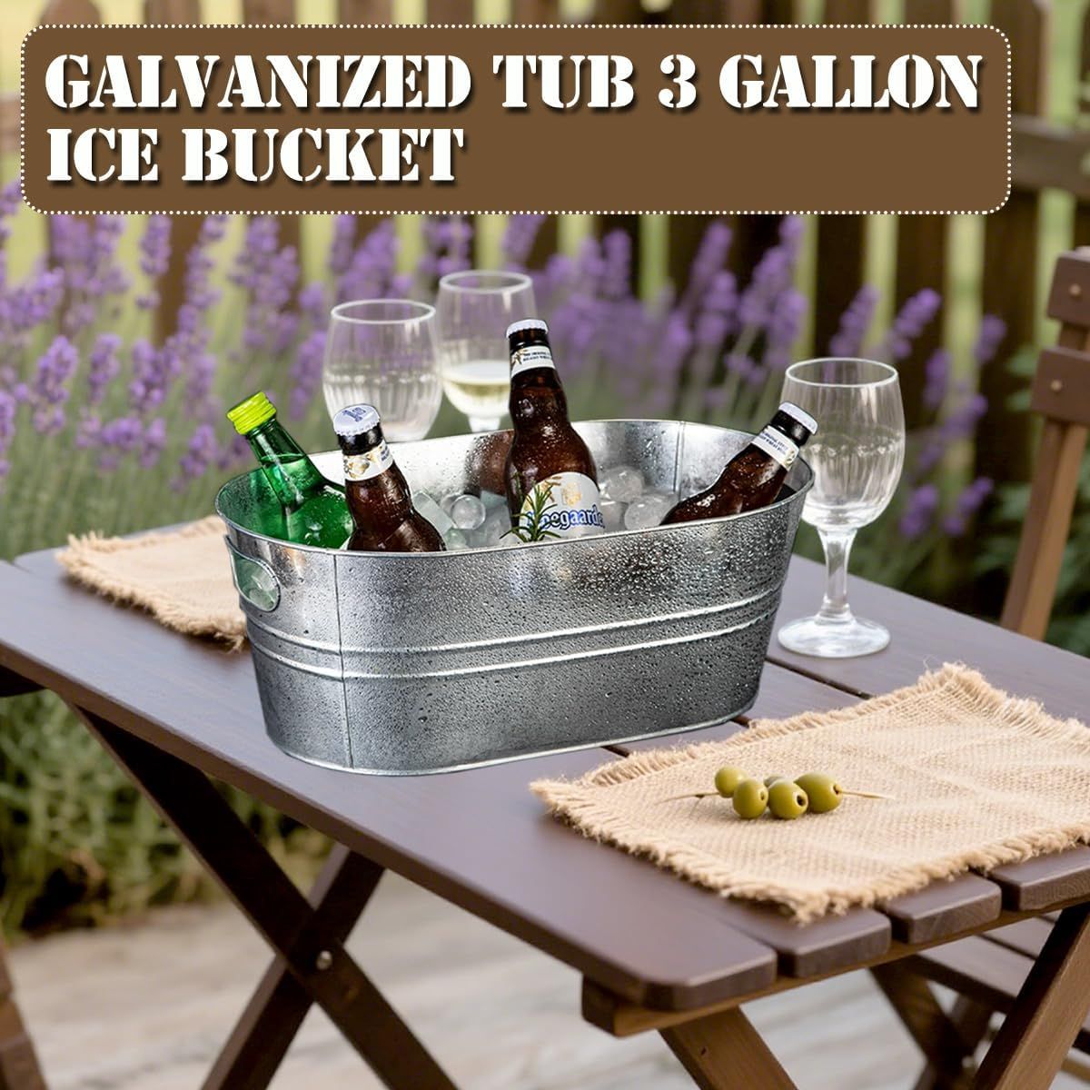 Presents the galvanized 3 gallon ice bucket as a stylish outdoor serving piece for patio or picnic use.