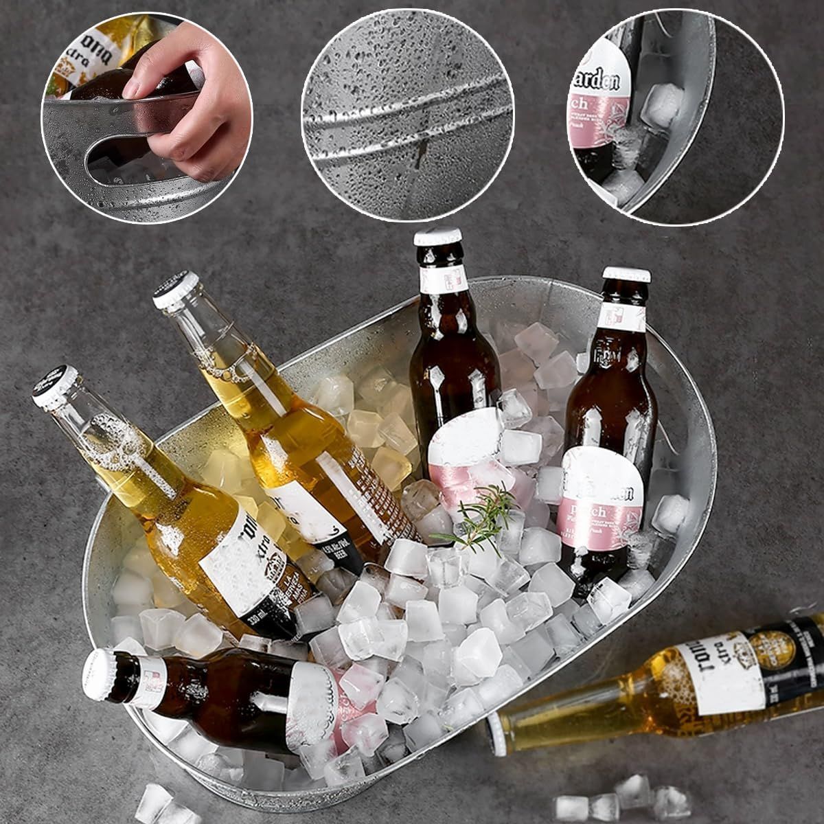 Zoomed views point out the handle, textured galvanized finish, and interior rim to show build quality. Reinforces that the galvanized finish keeps ice and bottles cold and looks good.