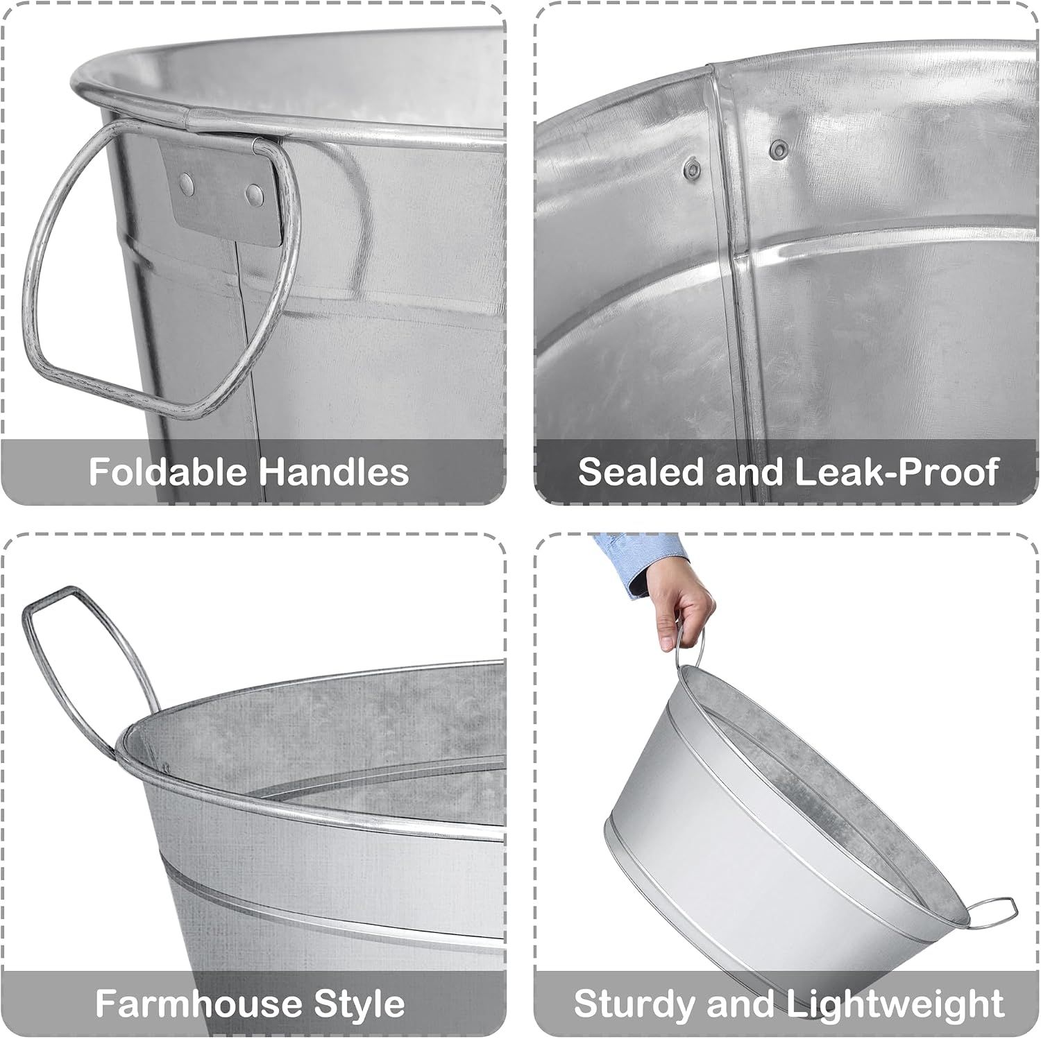 Highlights four key benefits across segmented panels, covering handle design, leak-proof construction, rustic style, and durability.