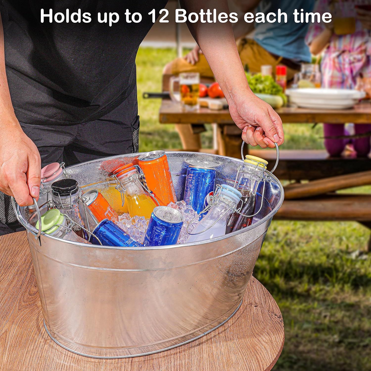 Shows the tub holding up to 12 bottles to communicate its practical serving capacity for gatherings. Communicates one clear benefit that the tub holds up to 12 bottles at a time.