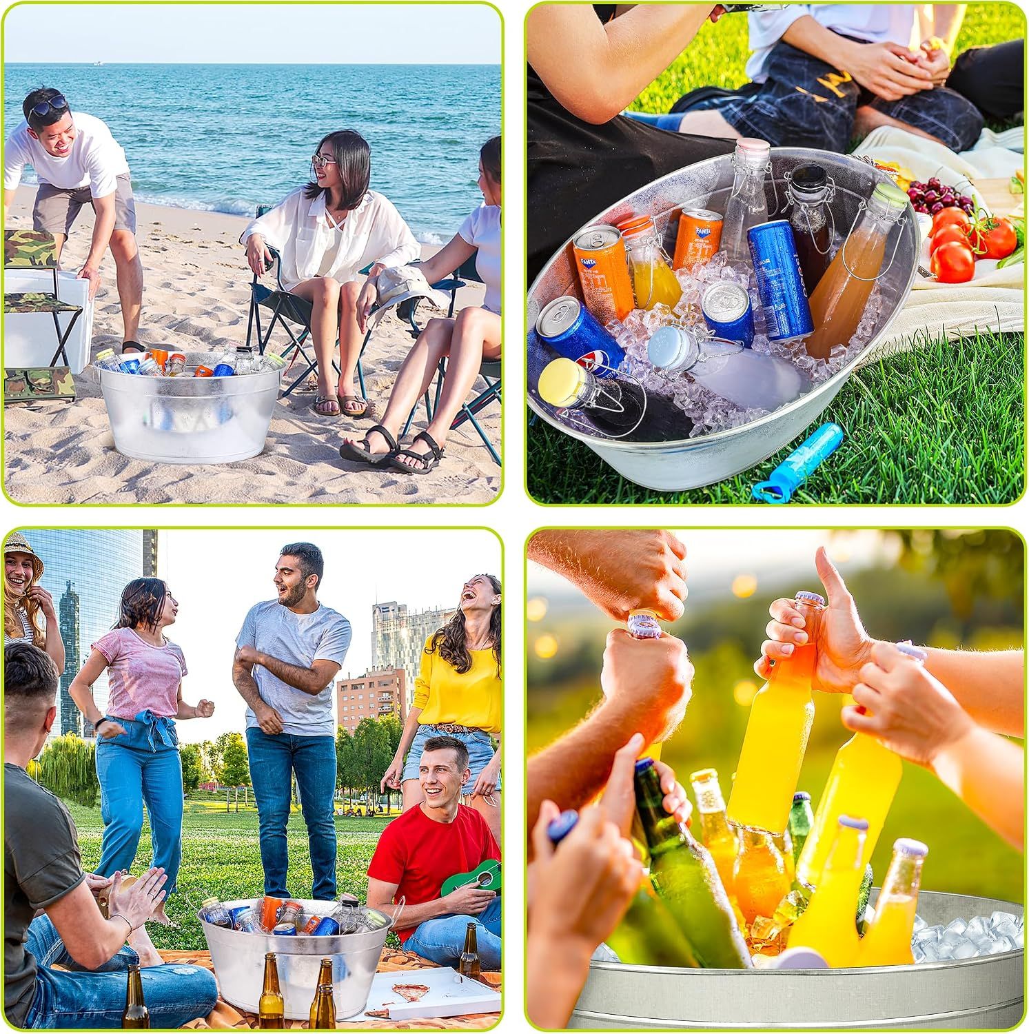 Shows the tub used across multiple outdoor settings like beach, picnic, and park gatherings to show versatility.