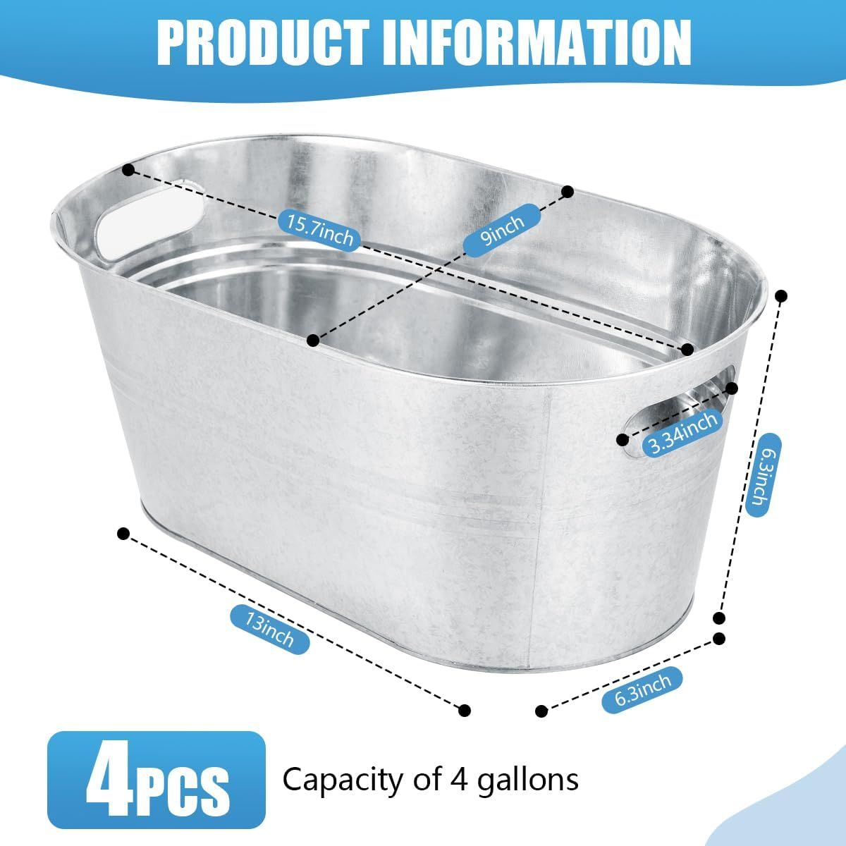 Shows exact physical dimensions so shoppers can judge whether the tub fits their space and needs. Confirms the set includes four buckets and their capacity.