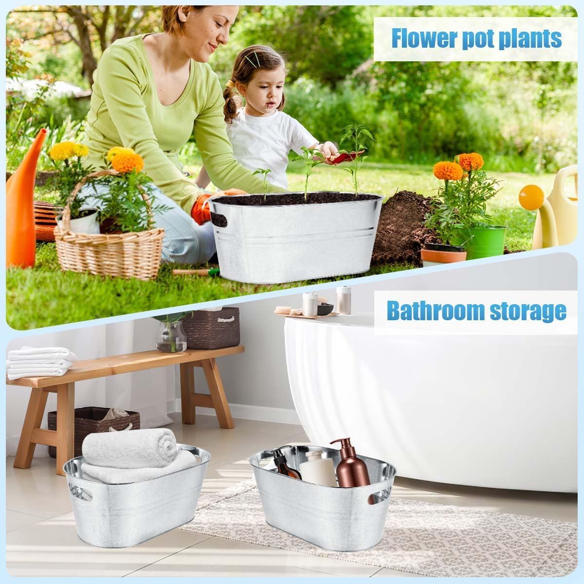 Shows the tub works beyond drinks as a garden planter and bathroom storage bin.