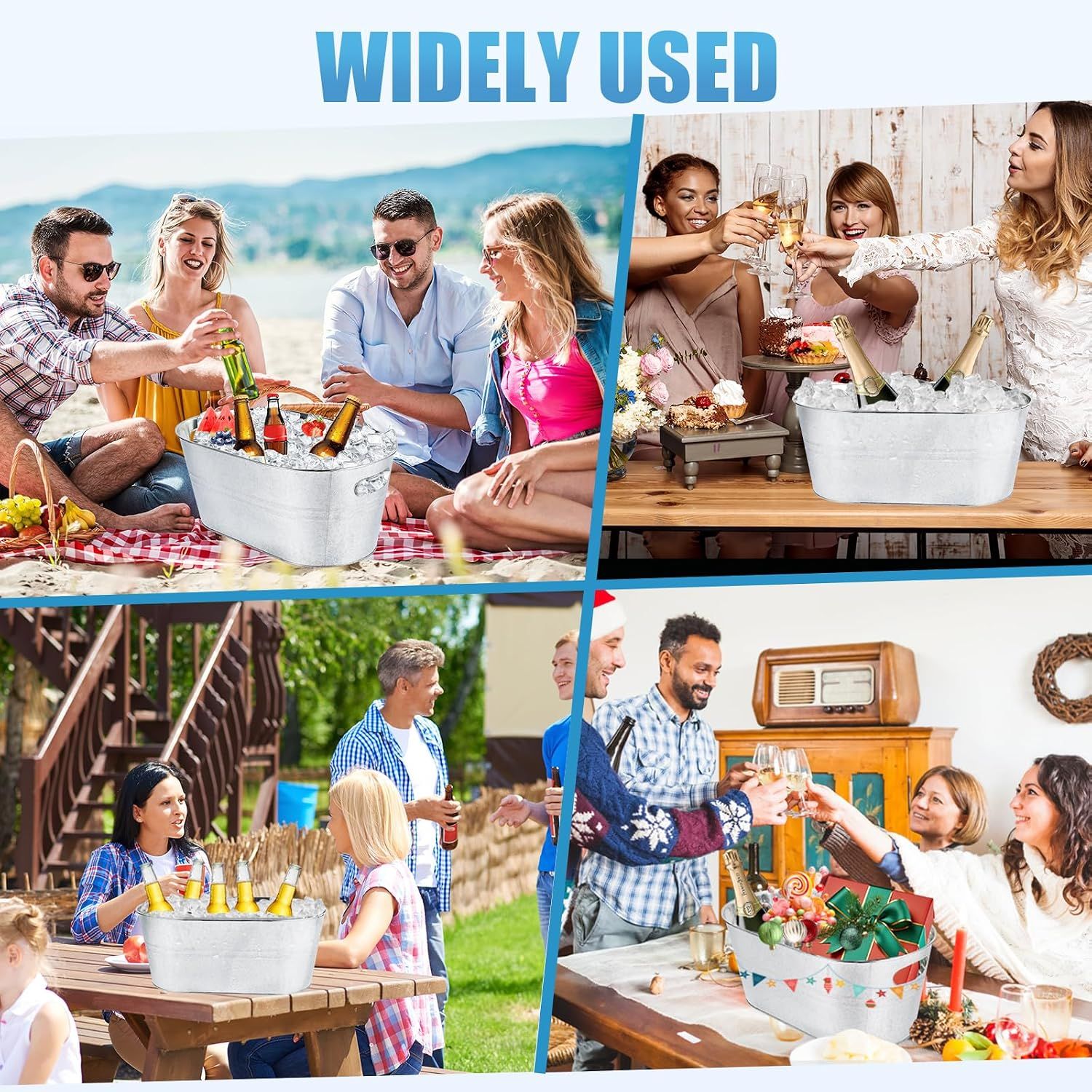 Shows the tub used across many occasions from outdoor picnics to holiday parties.
