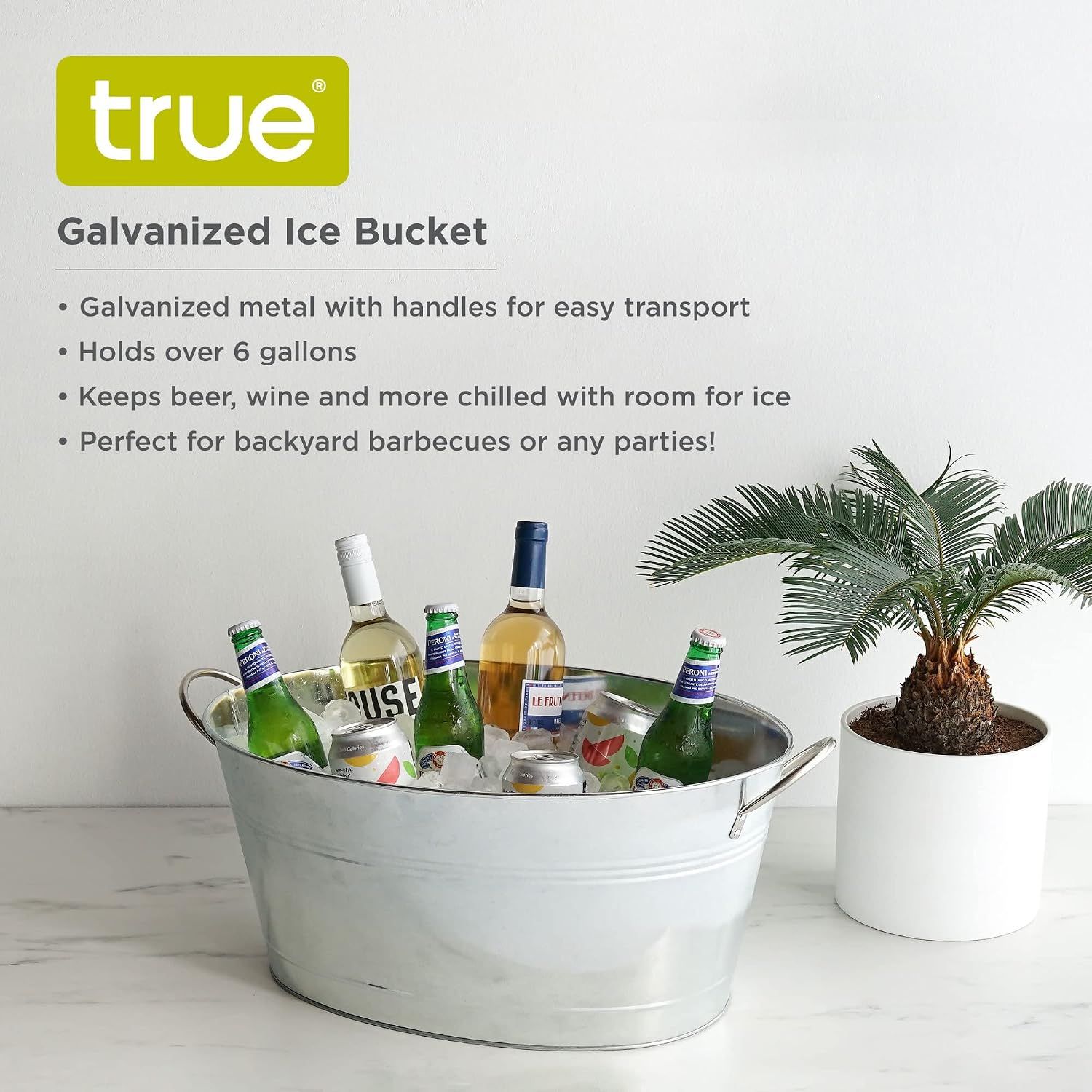 Shows the bucket filled with drinks on ice and lists its key benefits for parties and barbecues. Displays the True brand logo to reinforce brand identity.