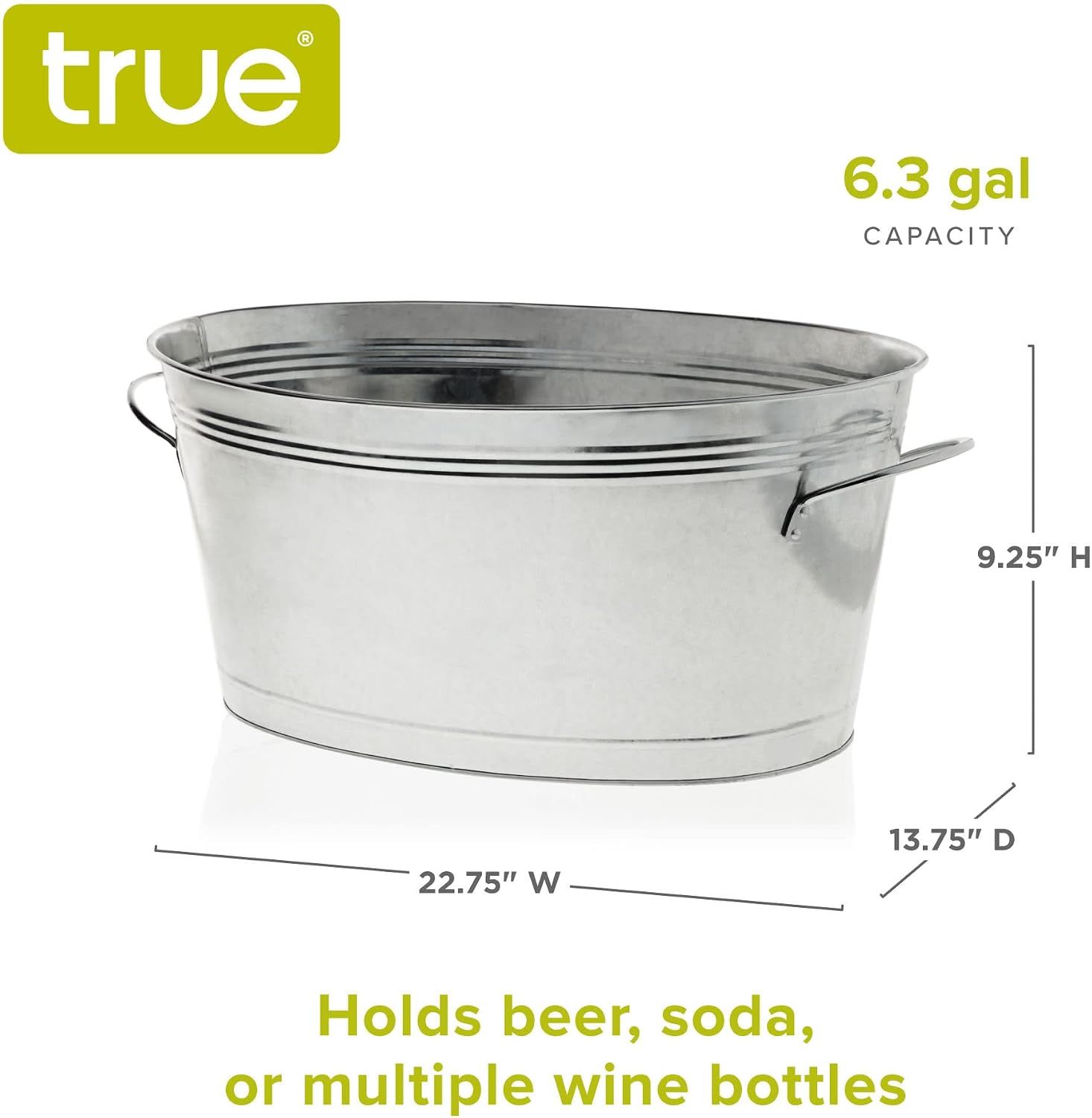 Highlights the large 6.3 gallon capacity as the main selling point. Shows exact physical dimensions so shoppers know the bucket size before buying.