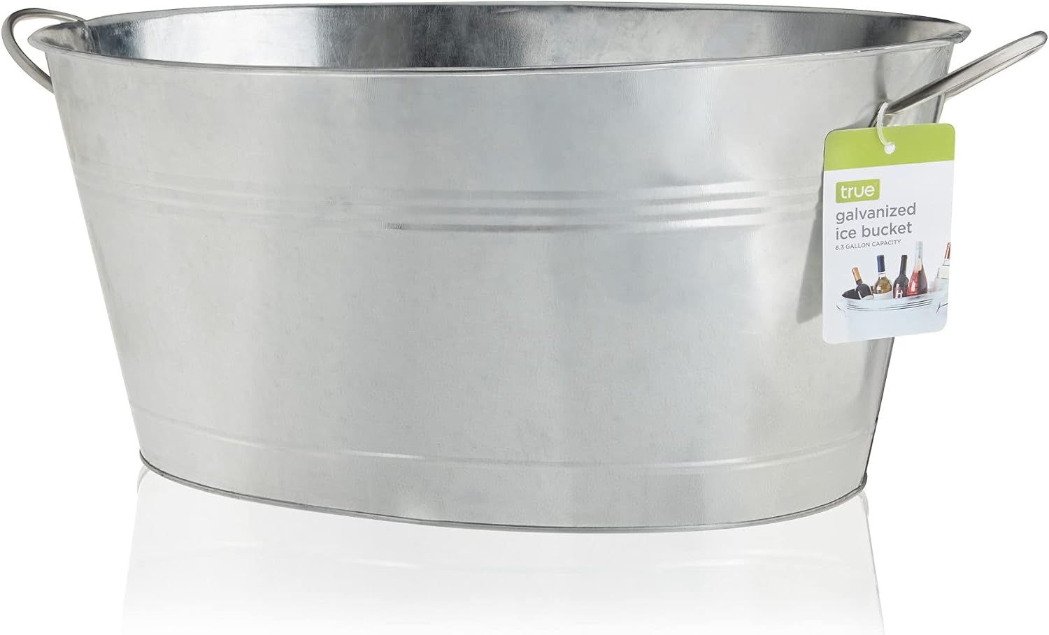Shows the bucket with its hang tag on a plain white background for catalog reference.