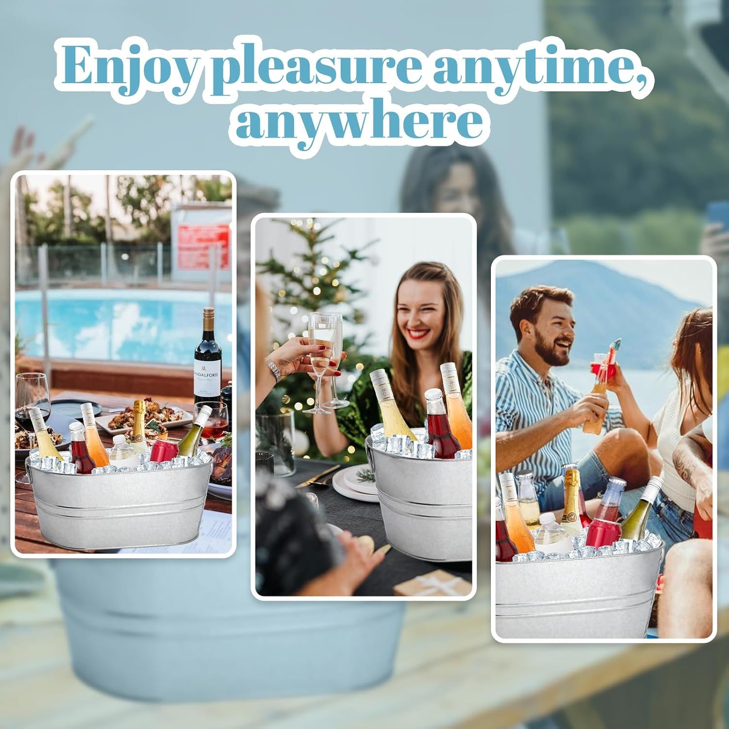 Shows the tub in varied real-world settings to reassure shoppers it suits many occasions. Demonstrates use across multiple scenarios such as poolside, holiday, and outdoor gatherings.