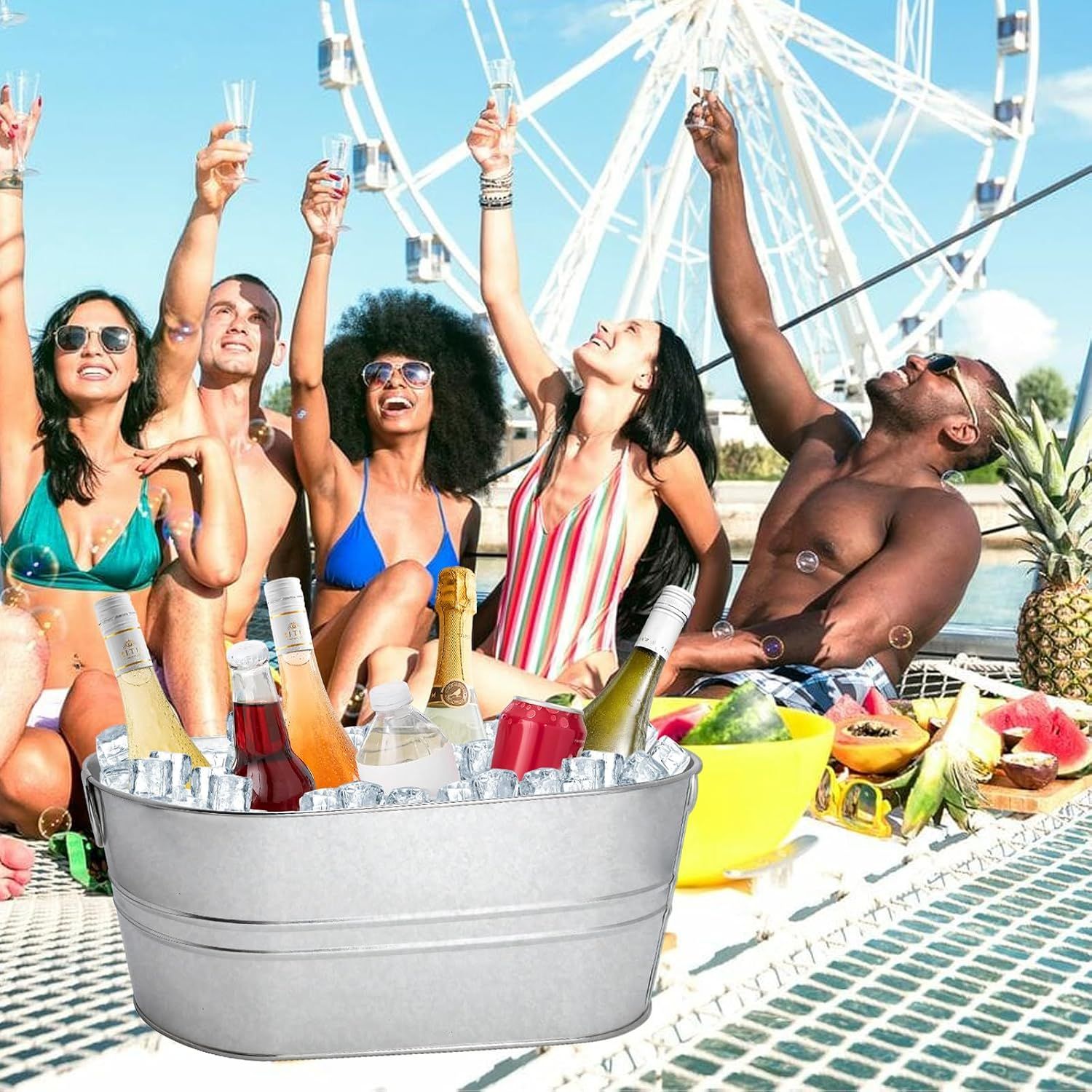 Shows the tub used at a lively group party on a boat to suggest versatile social use.