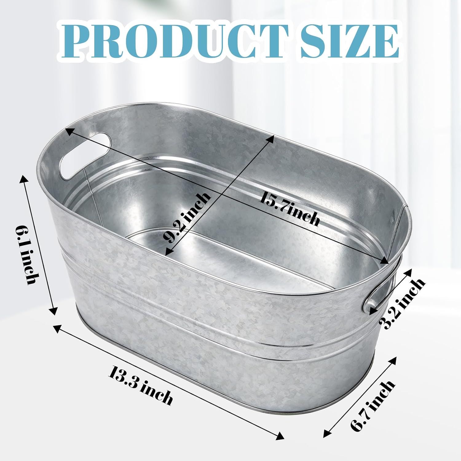 Shows exact physical dimensions so shoppers can judge the tub's size before buying. Reinforces that the tub is a roomy container for drinks and gatherings.