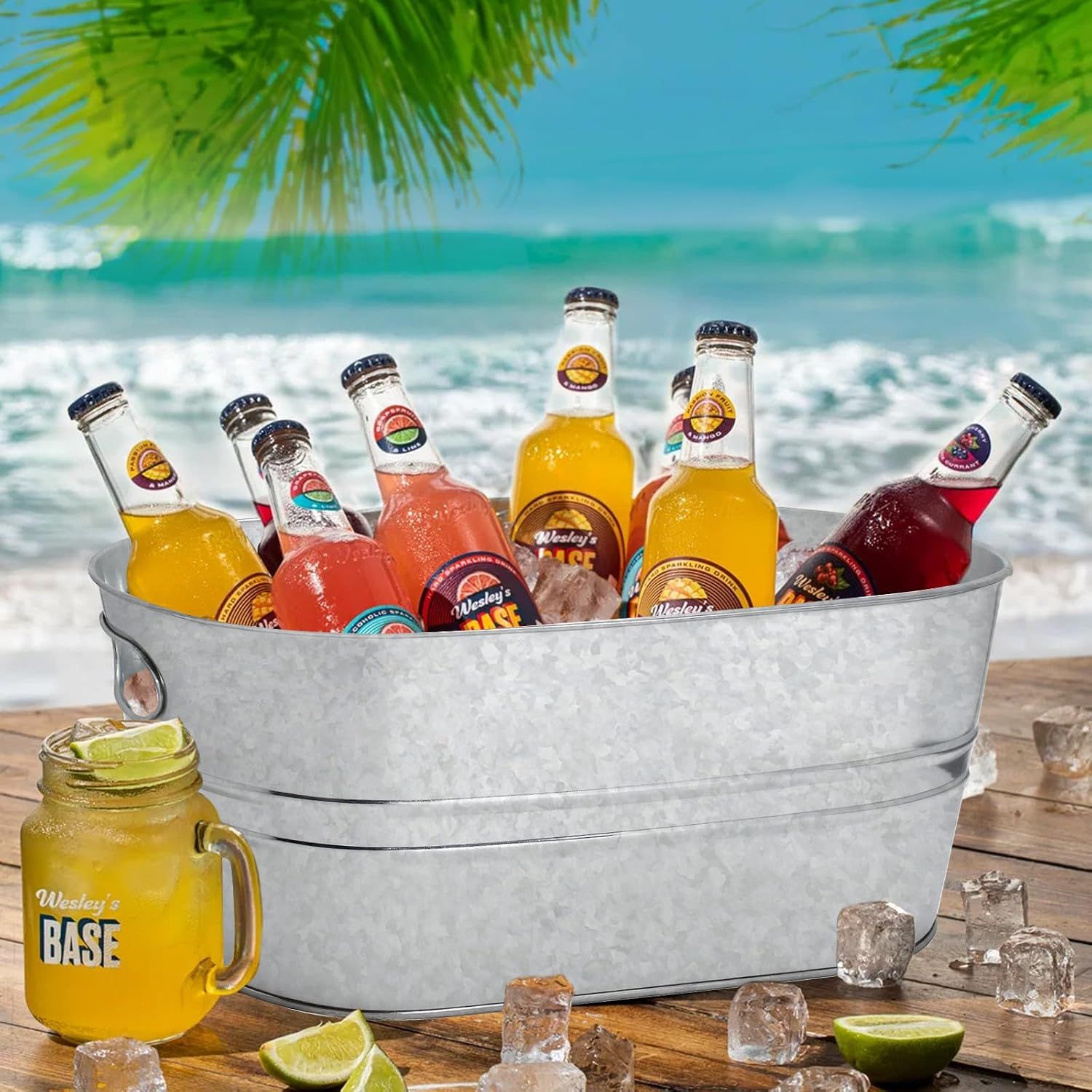 Presents the tub filled with drinks in a beach setting to show its suitability for outdoor serving.