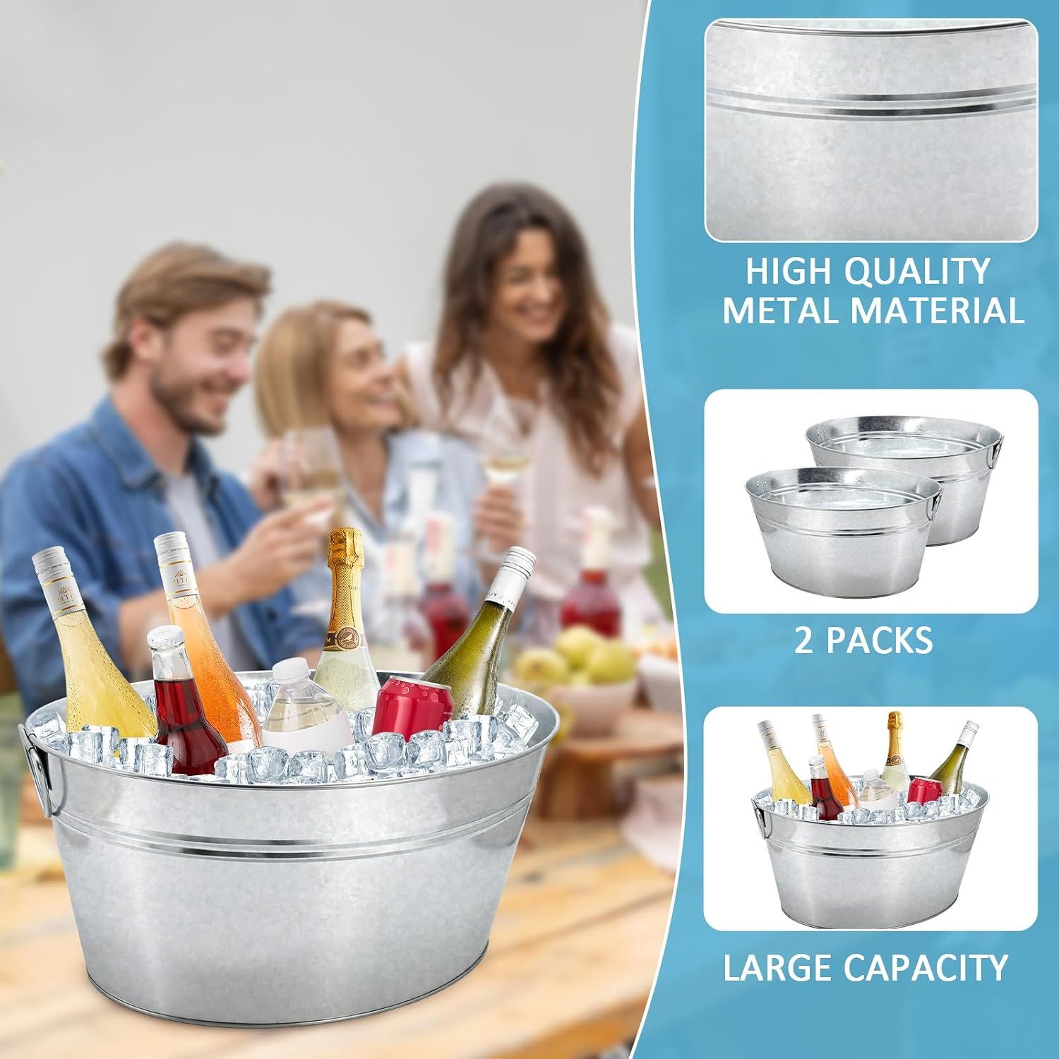 Highlights the sturdy metal build, large capacity, and 2-pack value to reassure shoppers about quality and quantity. Communicates the premium metal construction and generous capacity at a glance.