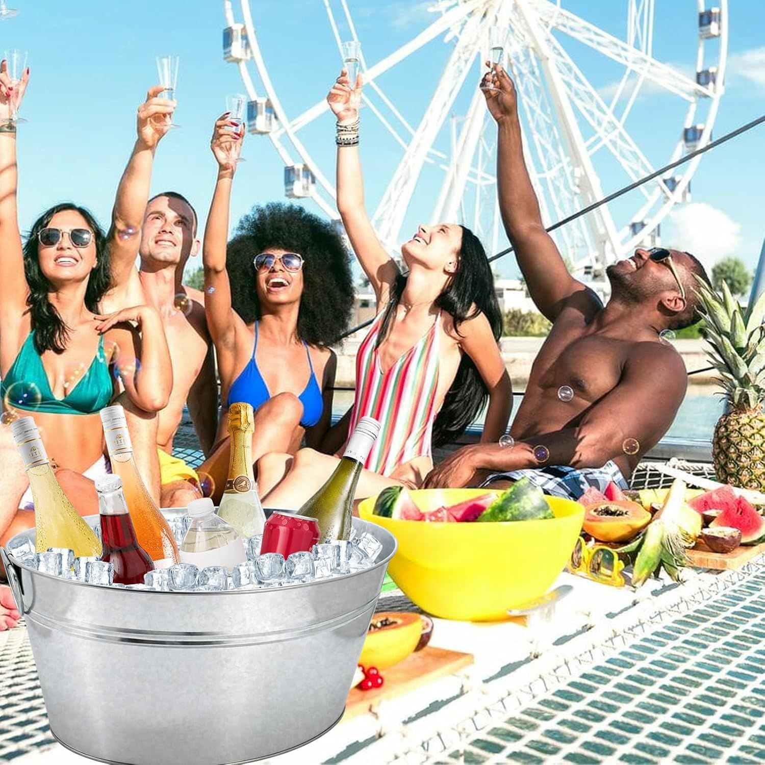 Shows the tub in a lively outdoor party setting to suggest versatile use for gatherings. Conveys that the tub is a fun, party-ready centerpiece for drinks.
