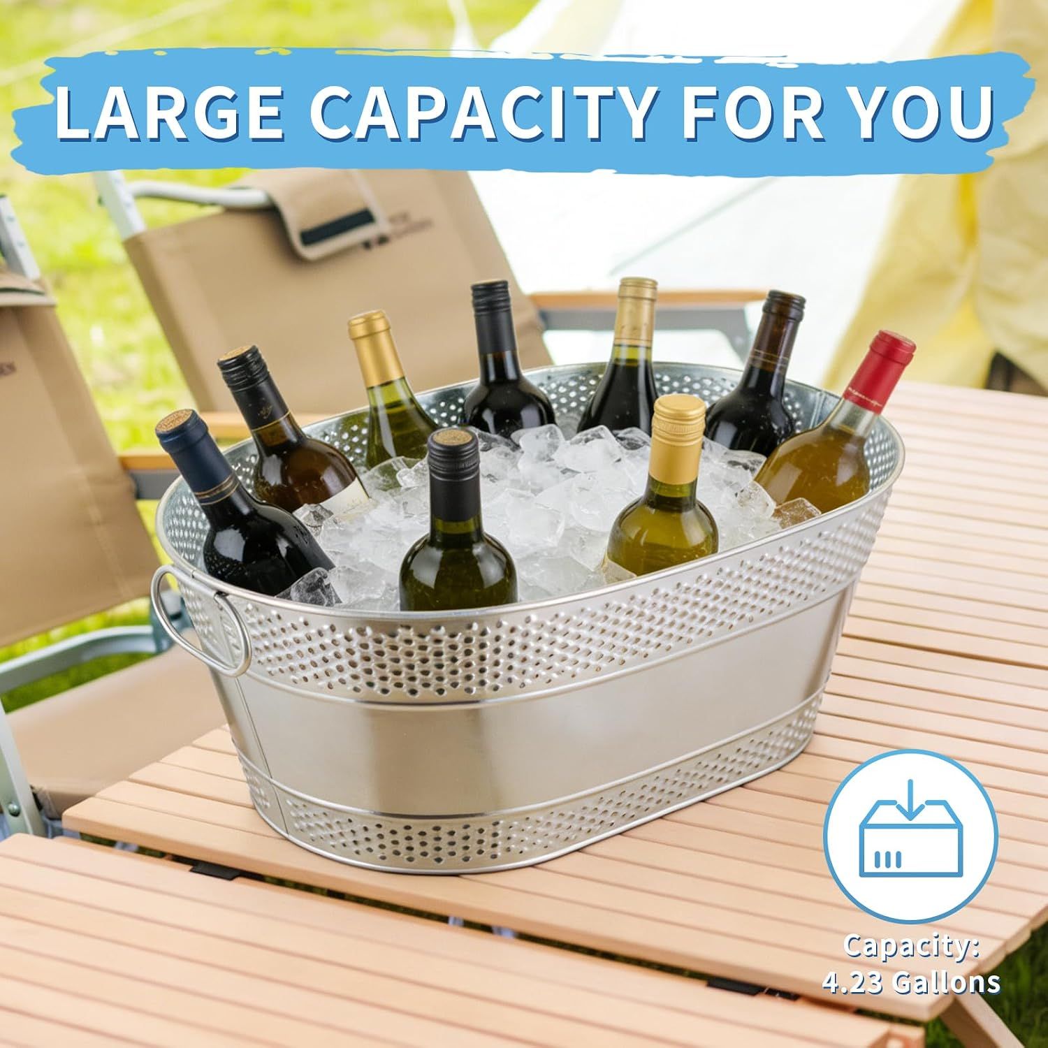 Shows the bucket's large capacity to reassure shoppers it holds plenty of bottles and ice. Highlights that the bucket offers large capacity for entertaining.