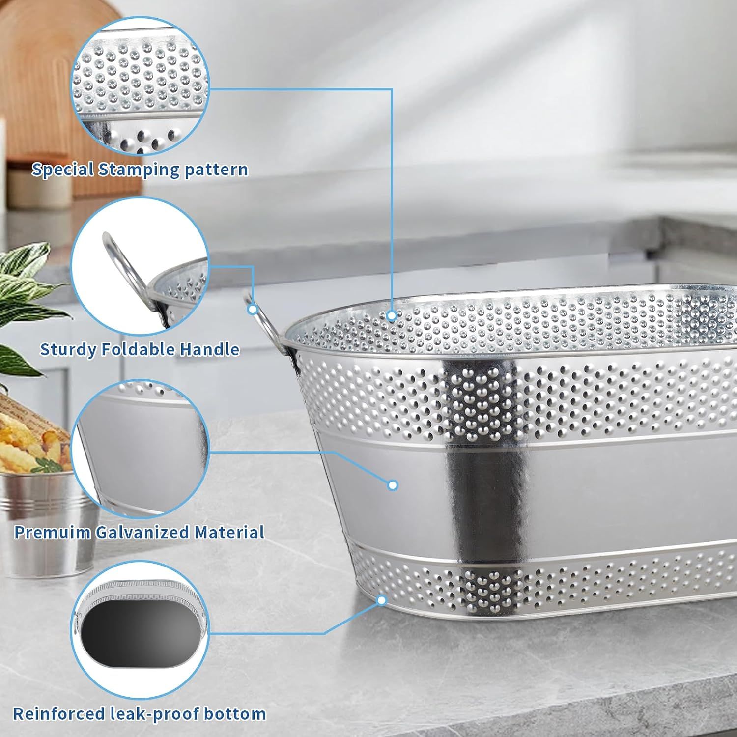Shows the physical construction details so shoppers understand the durability and build quality of the bucket. Communicates several build benefits at once to reassure shoppers about durability and…