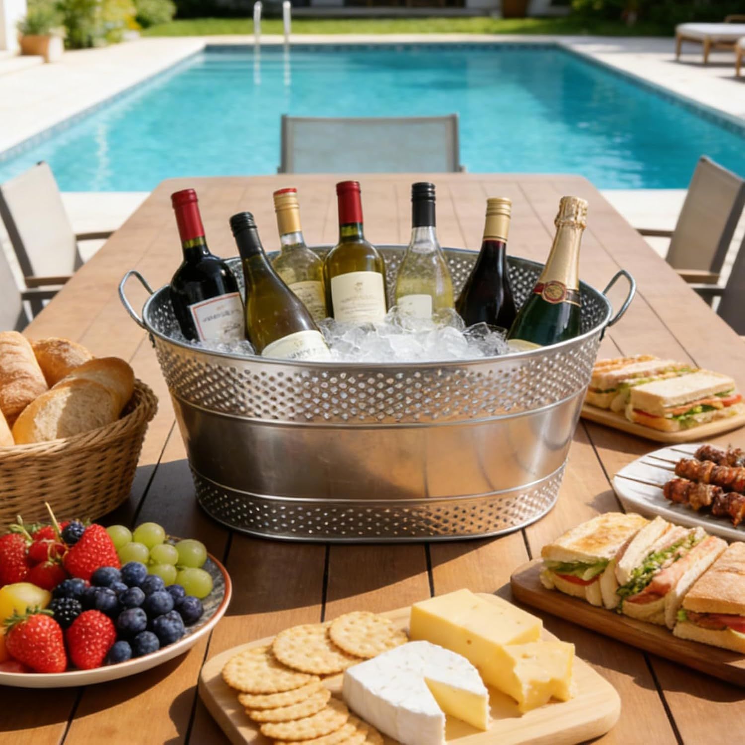 Shows the bucket used across a poolside party spread, suggesting versatility for outdoor entertaining.
