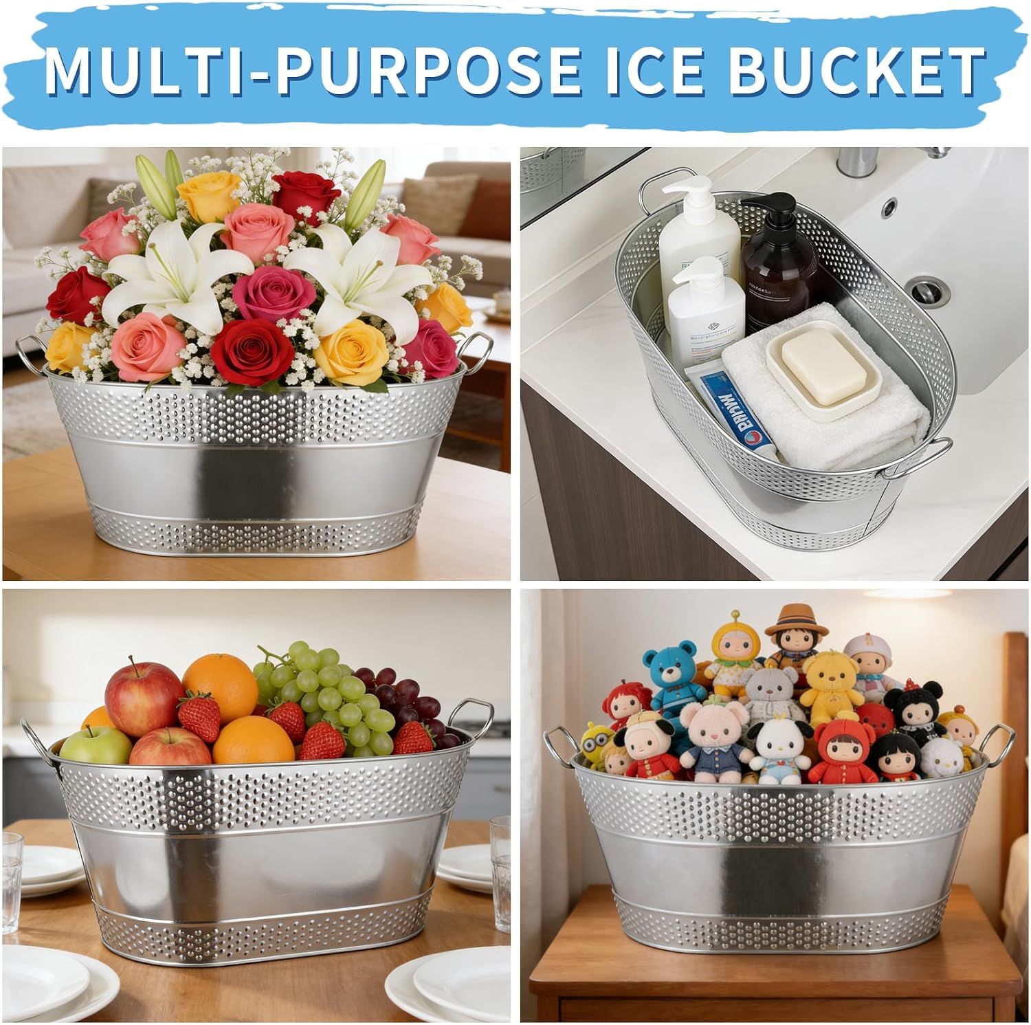 Shows multiple uses beyond ice, suggesting the bucket is a versatile home organizer and serving piece. Communicates that the bucket is versatile beyond drinks.