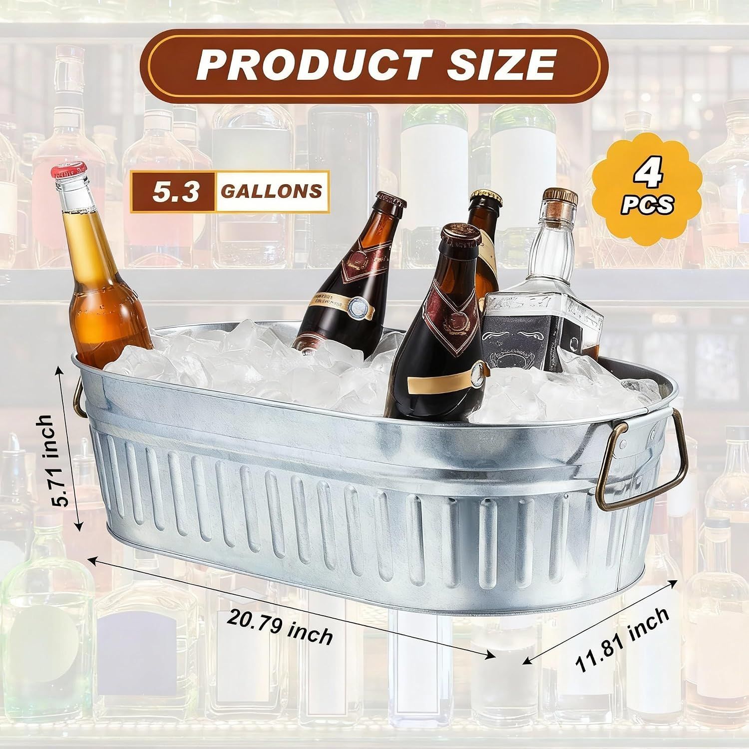 Shows the exact physical dimensions of the galvanized tub so shoppers can judge fit and capacity before buying. Reinforces that the tub holds enough ice and drinks for gatherings through a clean…