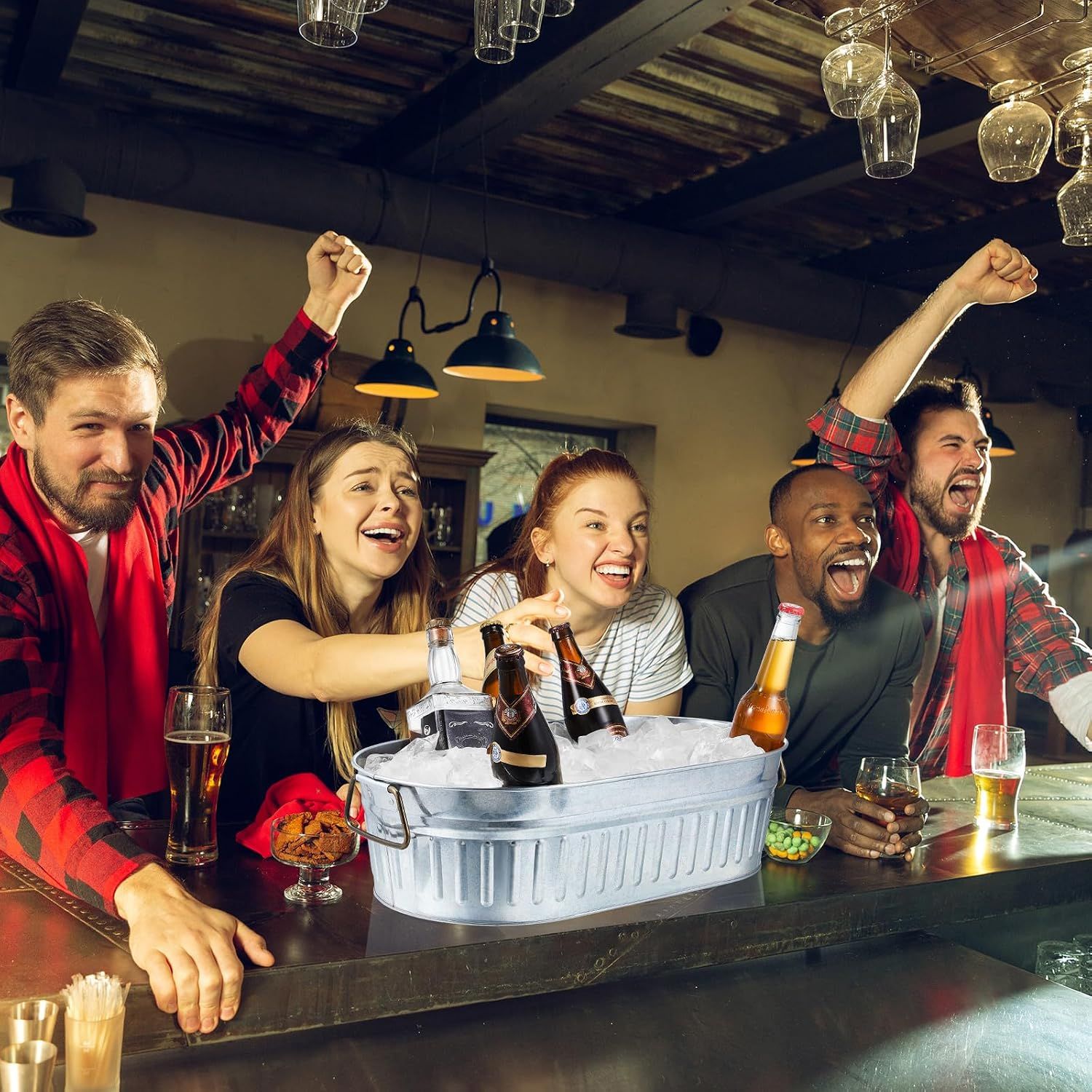 Shows the product in a real social setting with friends cheering at a bar, conveying fun and good times without any text overlay.