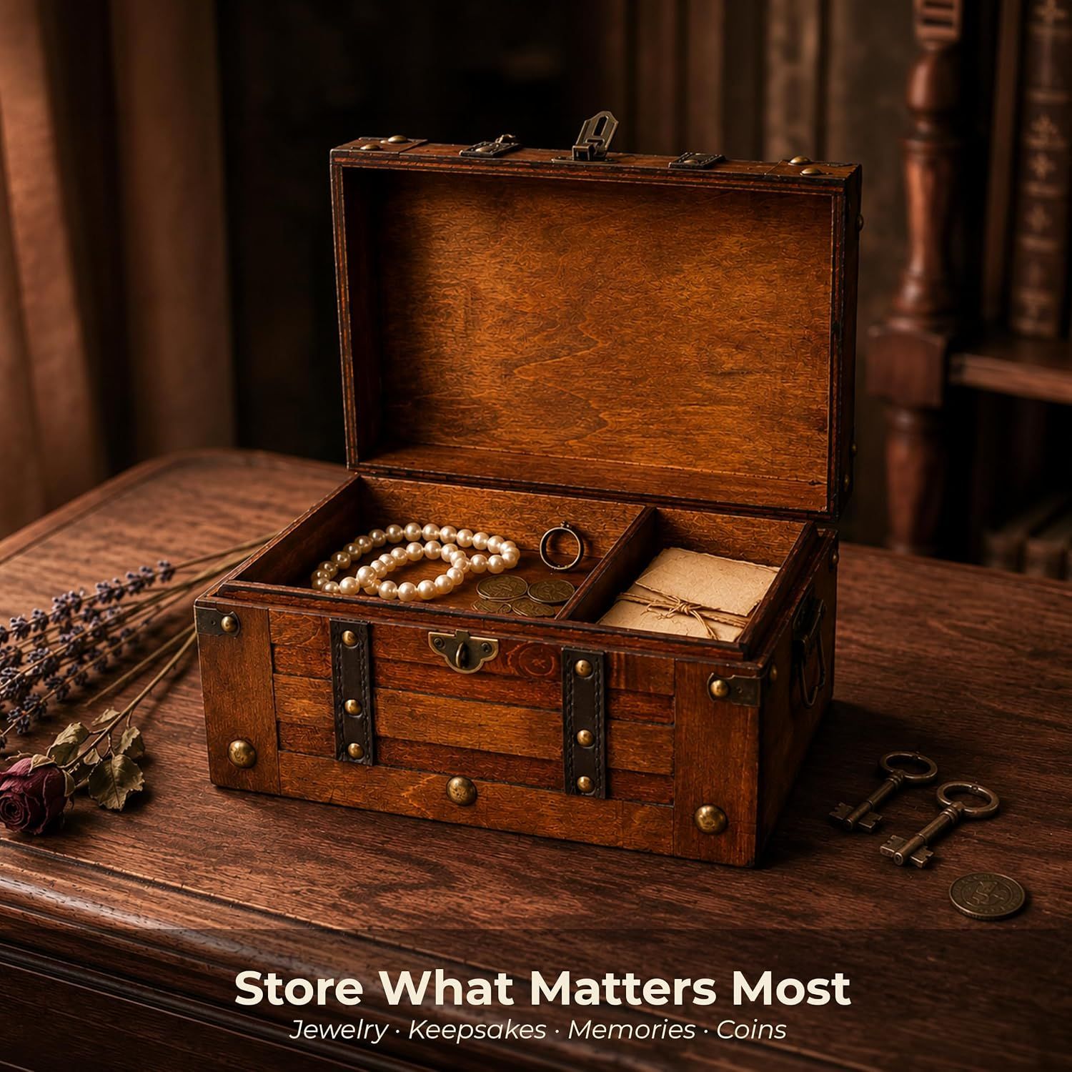 Presents the chest as a keepsake storage piece for jewelry, memories, and coins, conveying an emotional brand message. Shows one clean scene reinforcing that the chest stores valuables and keepsakes.