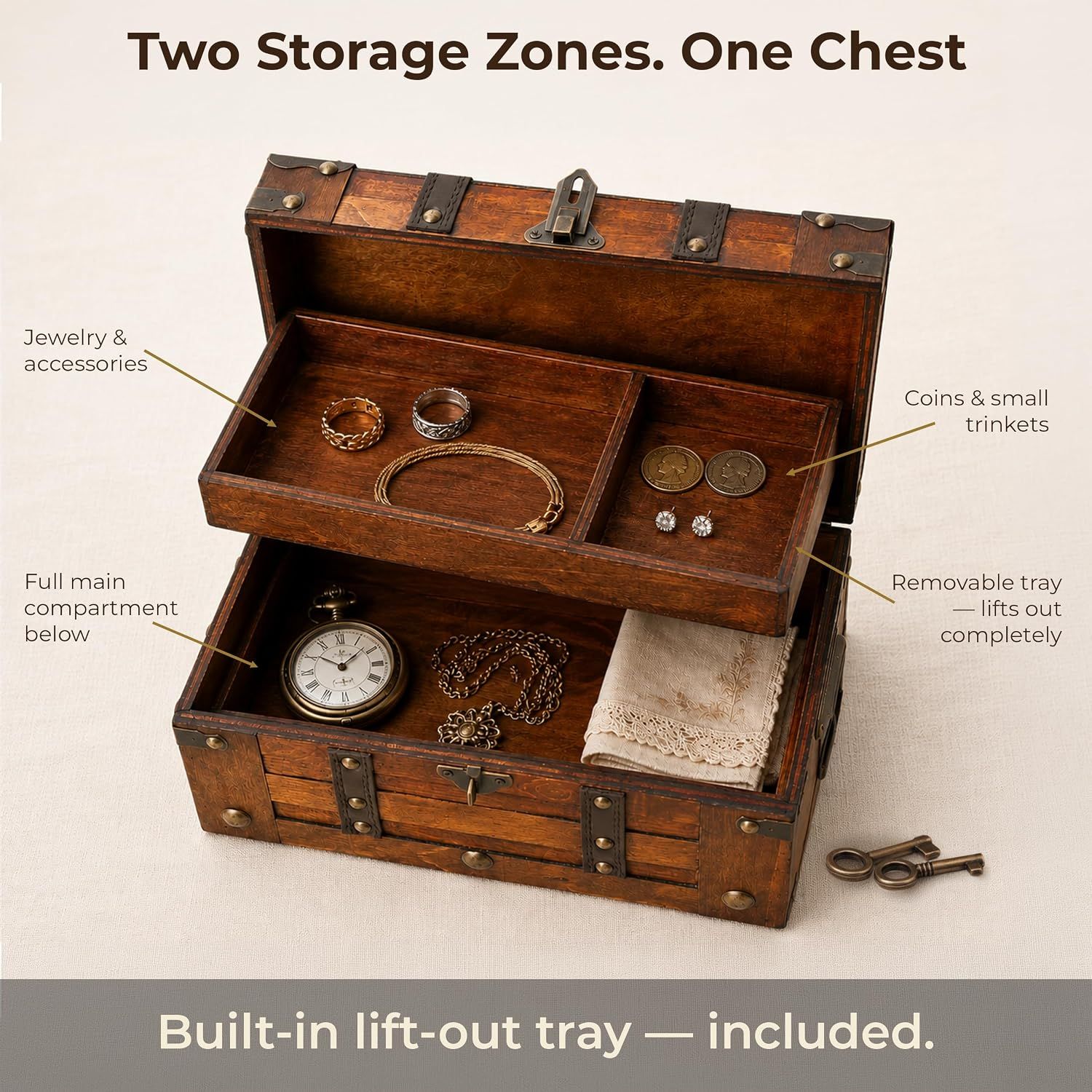 Shows the chest offers two storage zones through an included lift-out tray. Confirms the lift-out tray is included with the chest.