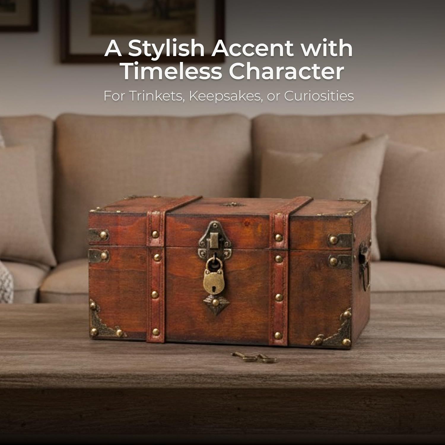 Shows the trunk as a stylish accent piece that suits home decor and holds trinkets and keepsakes. Places the trunk in a living room setting.
