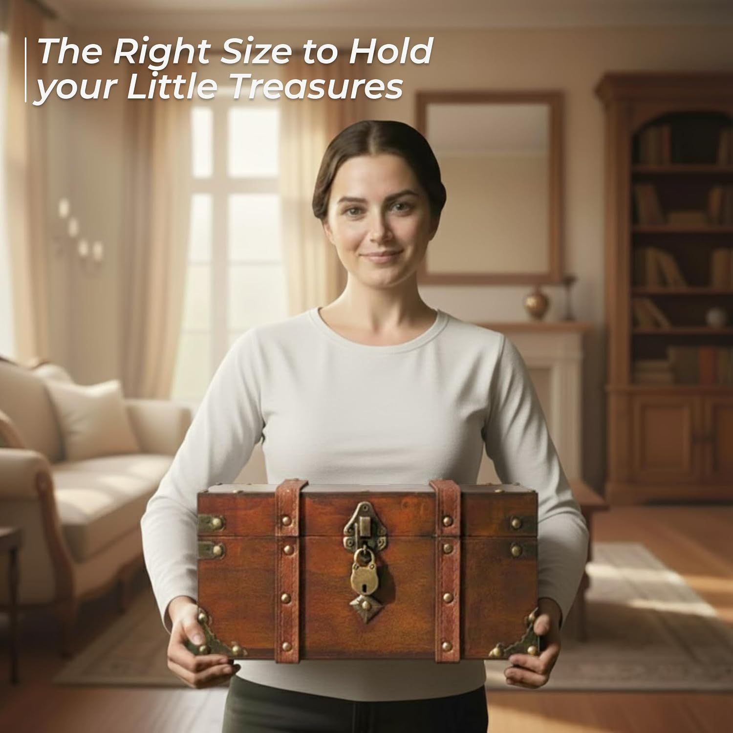 Shows the trunk held in hand so shoppers can judge its physical size. Reassures shoppers that the trunk is the right size to hold small valuables.
