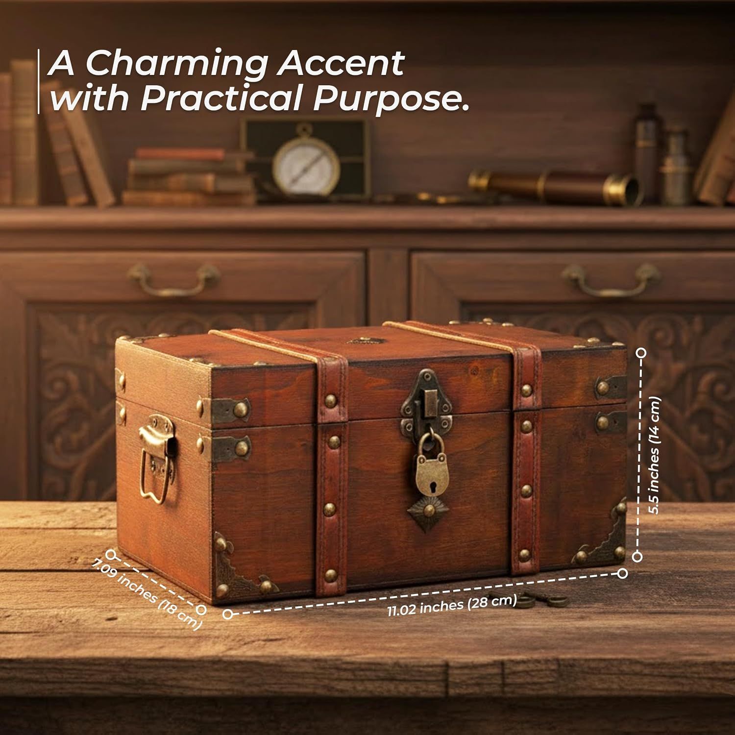 Gives exact dimensions so shoppers know the trunk footprint and height. Presents the trunk as a decorative piece with practical storage use.