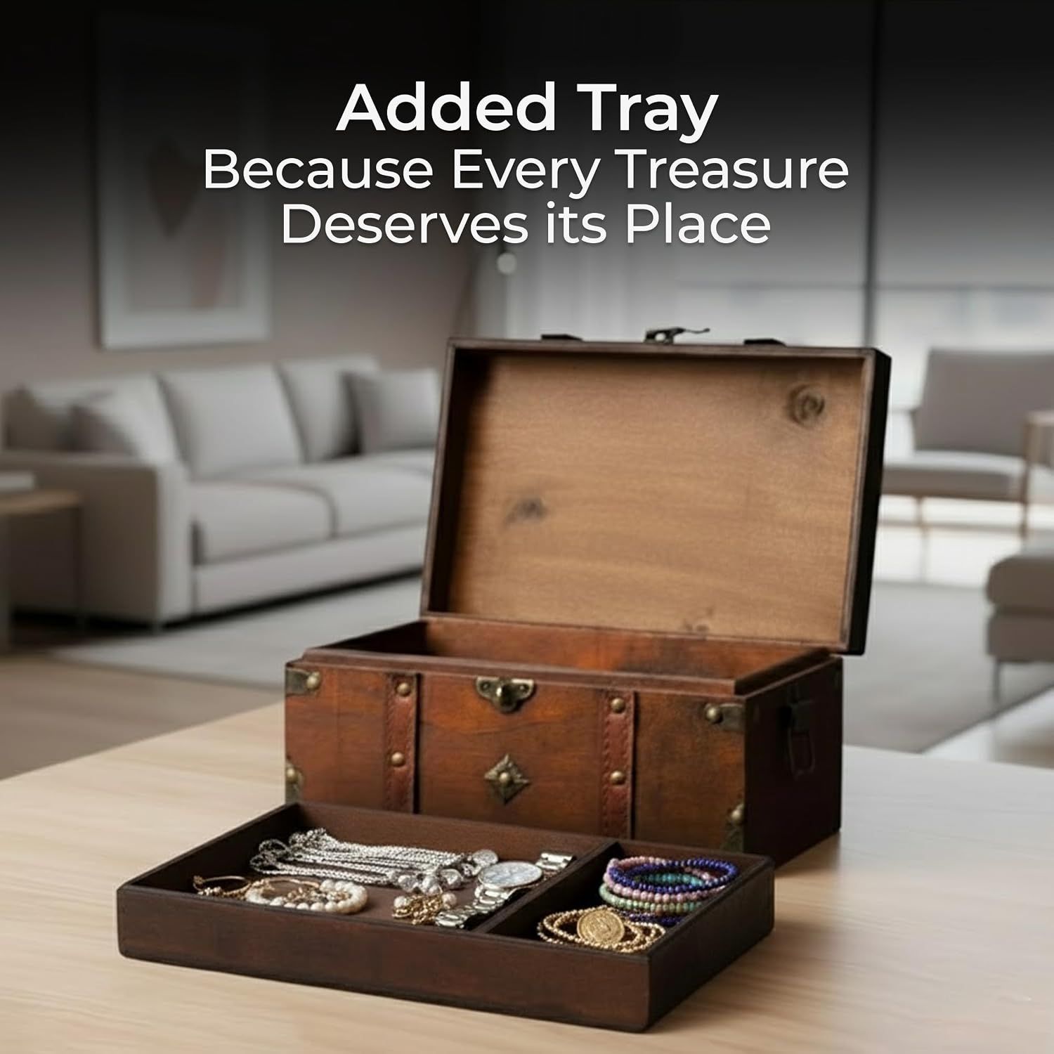 Shows the included tray that separates jewelry and keeps items organized. Communicates that the added tray gives each item its own place.